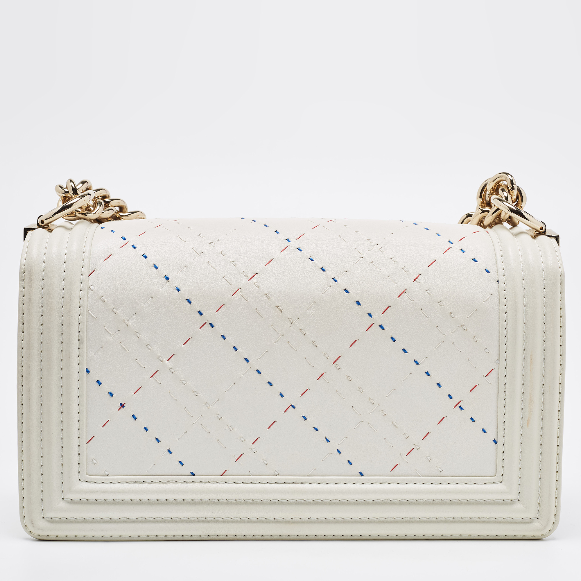 Chanel White Stitch Quilted Leather Medium Boy Flap Bag