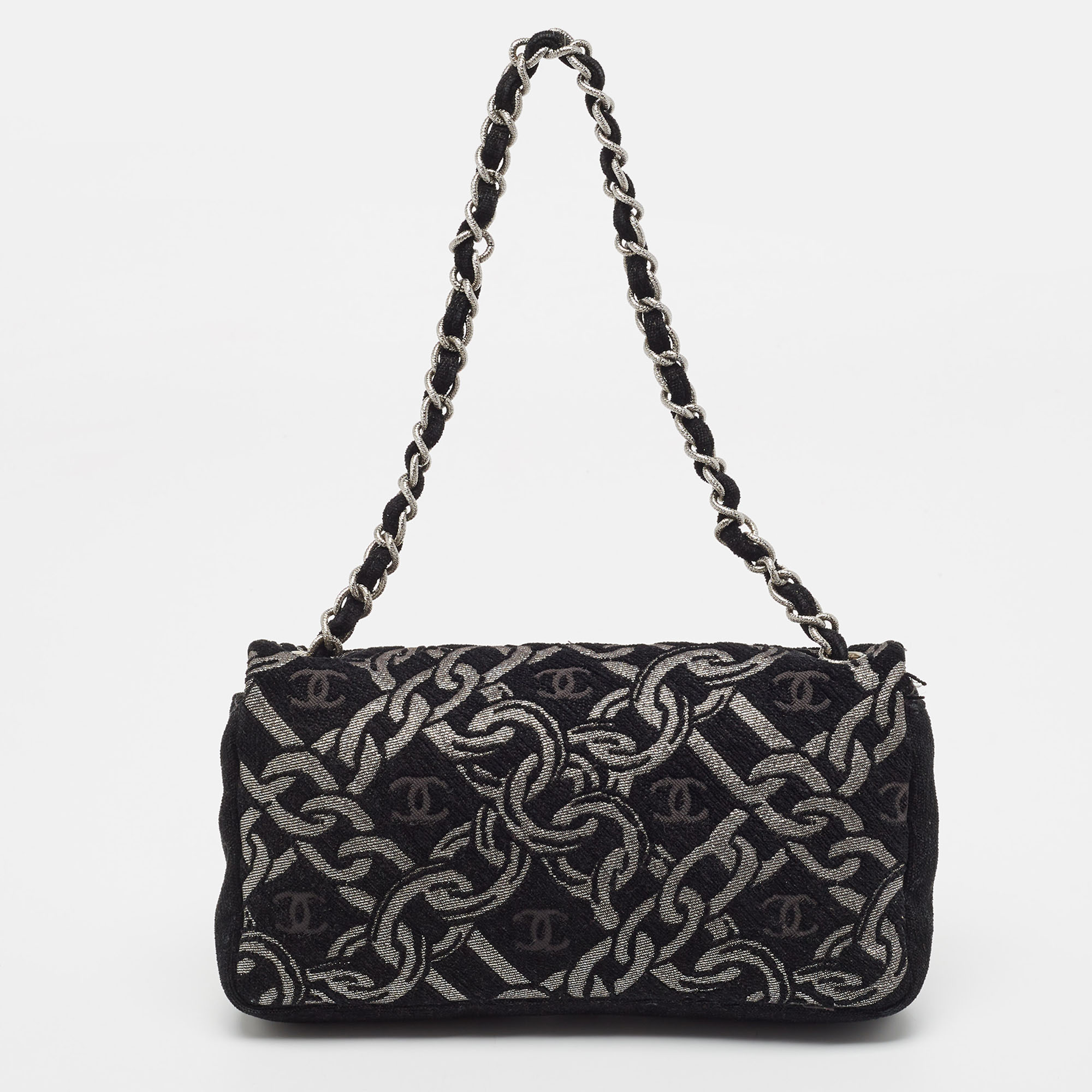 Chanel Black/Silver Printed Tweed CC Chainlink Flap Bag