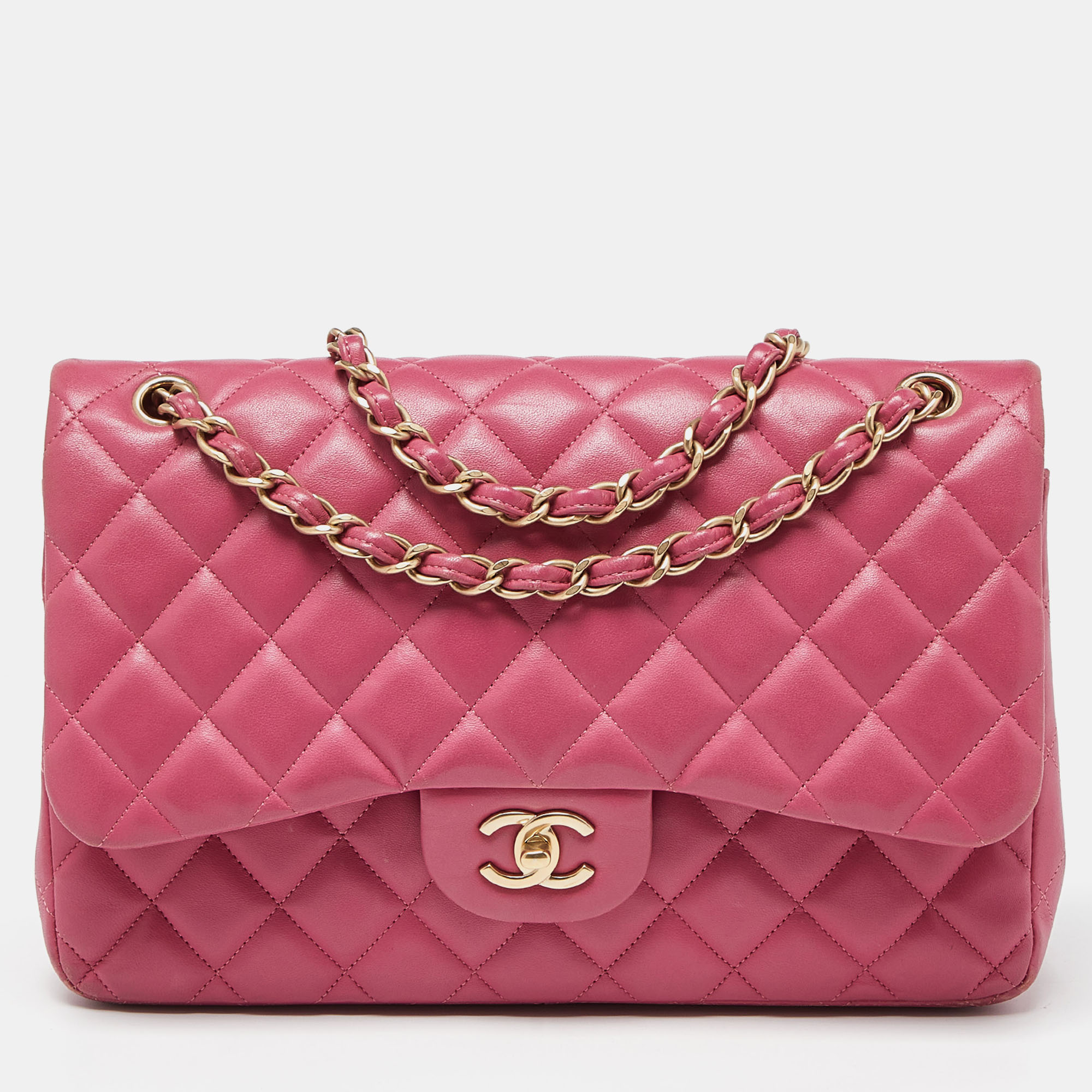 Chanel pink quilted leather jumbo classic double flap bag