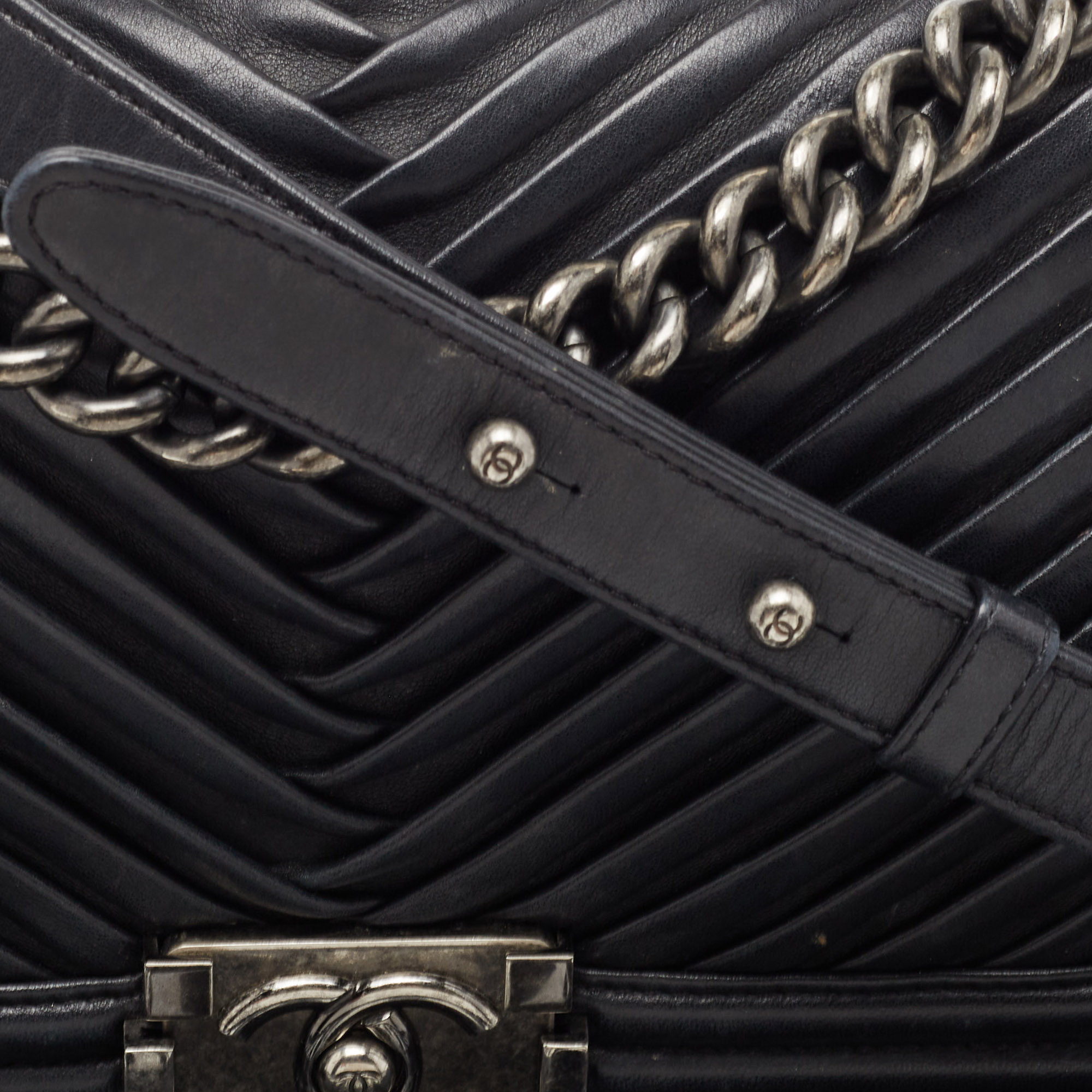 Chanel Black Chevron Pleated Leather Medium Boy Flap Bag