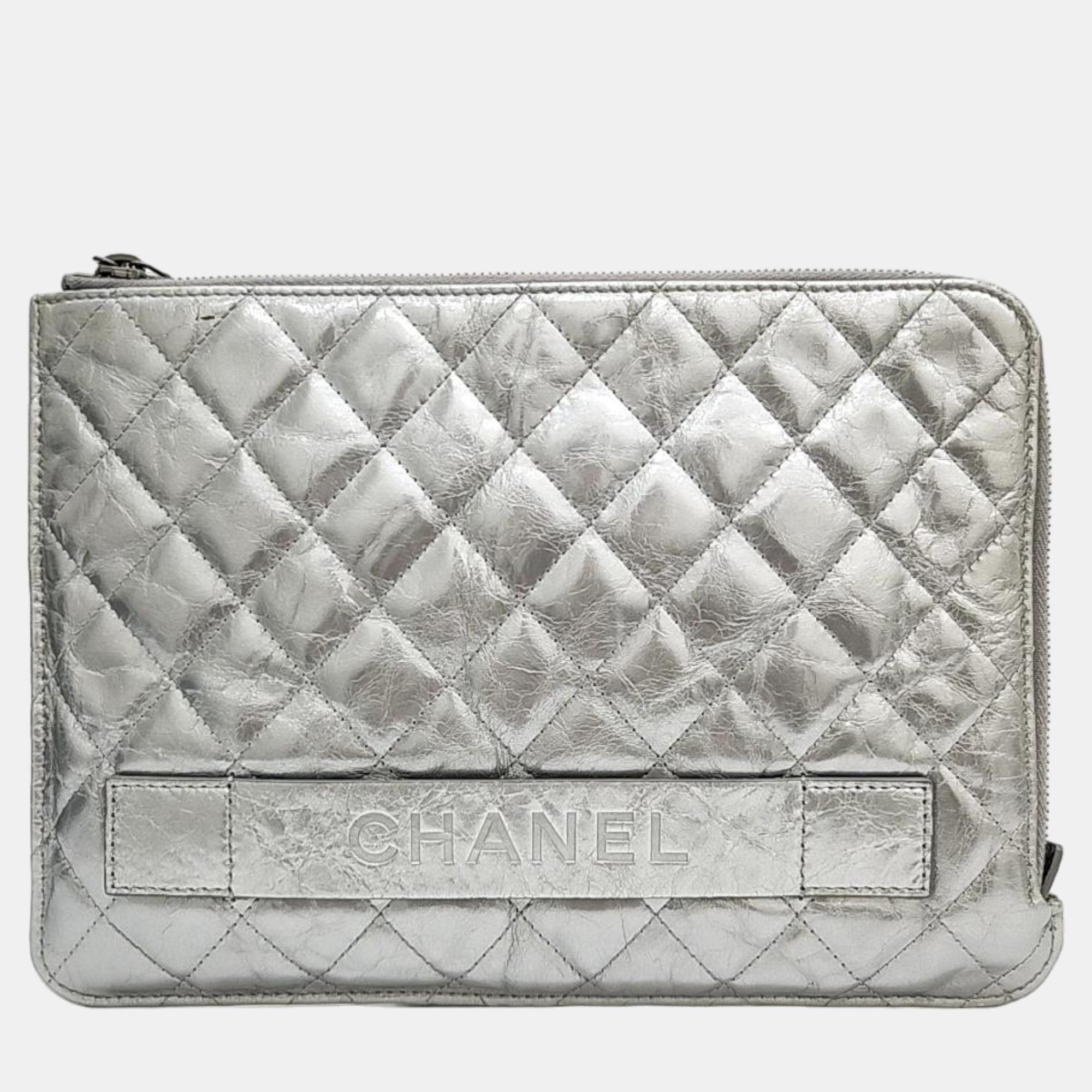 Chanel Silver Leather Clutch
