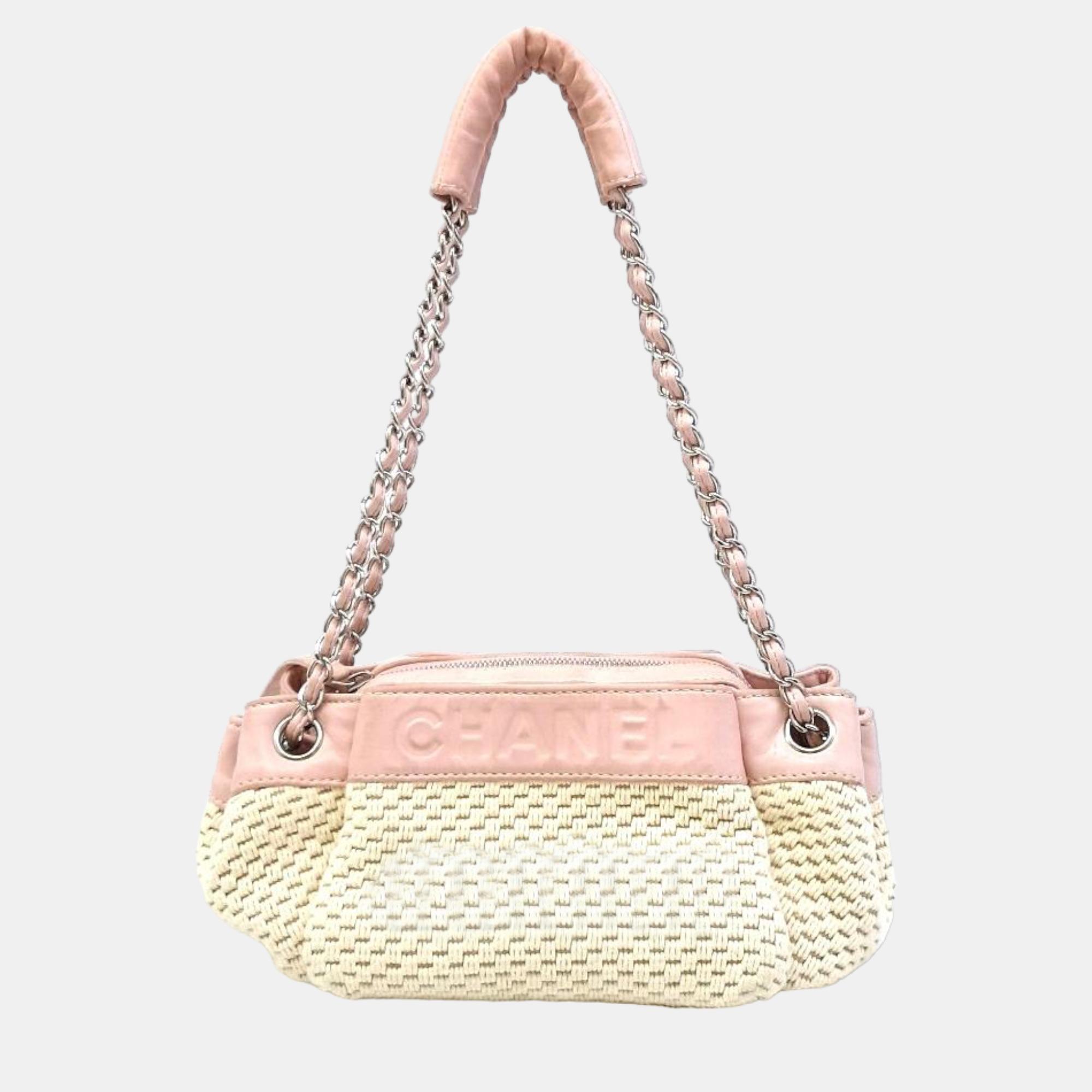 Chanel Beige/Pink Fabric Shoulder Bag
