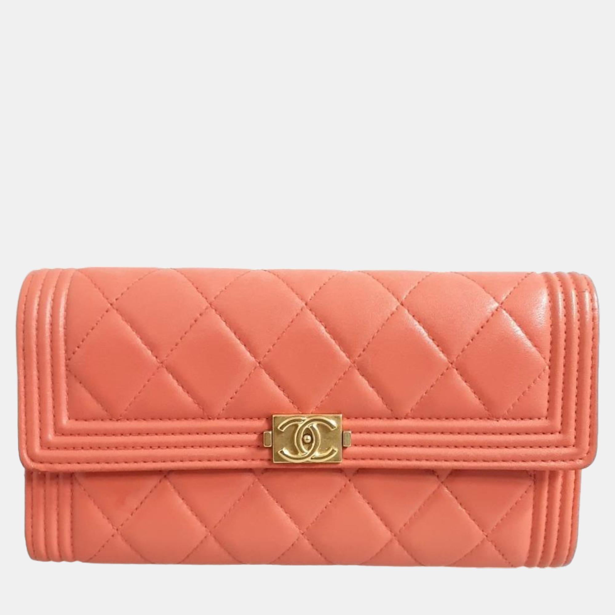 Chanel Orange Lambskin Boy Long Wallet