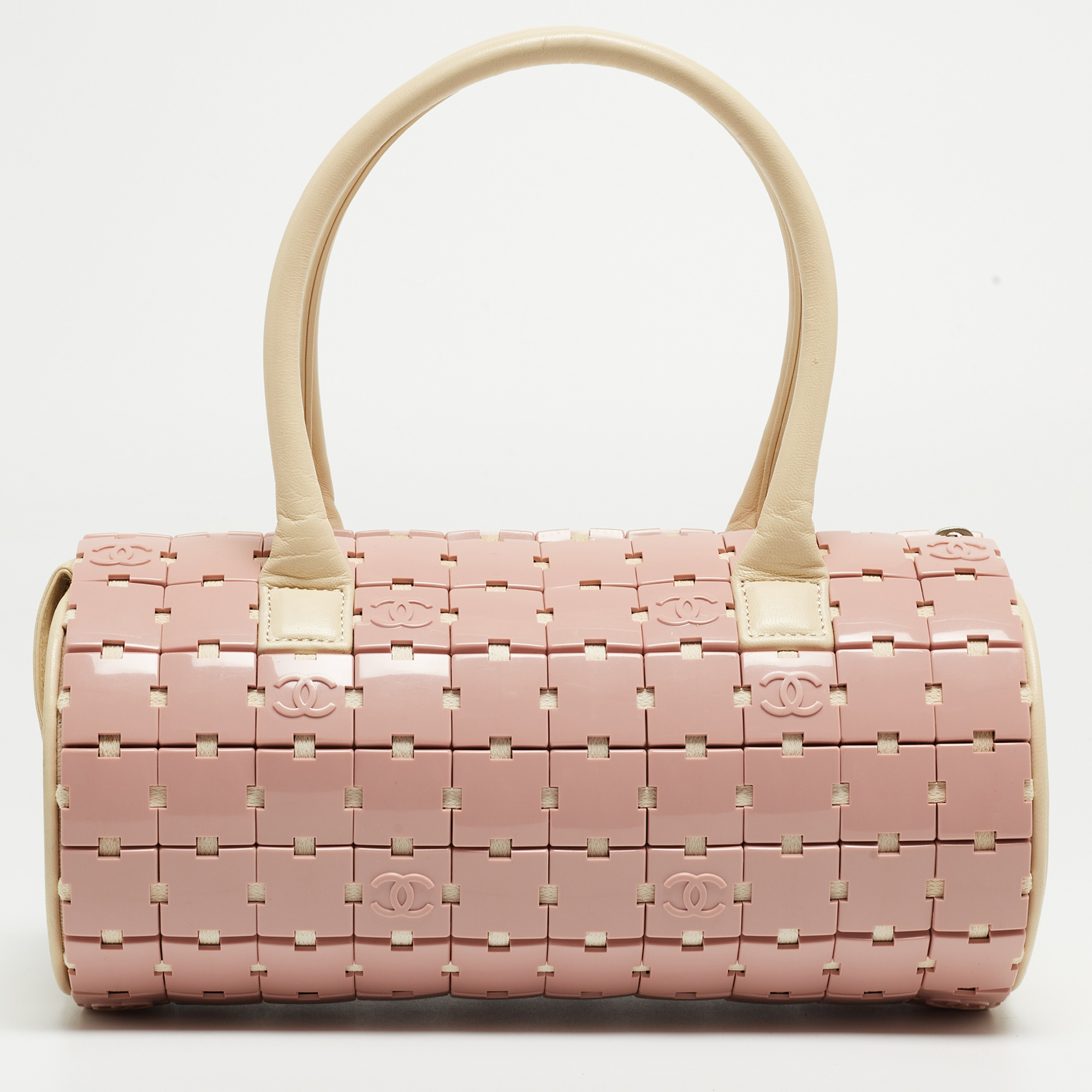 Chanel Pink/Light Beige Acrylic Lucite Puzzle Barrel Satchel