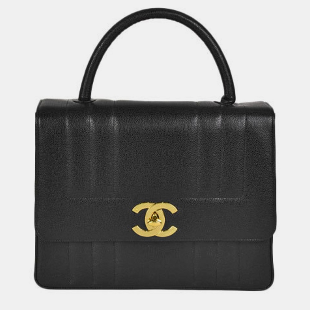 Chanel black caviar leather vertical kelly flap mademoiselle satchel bag