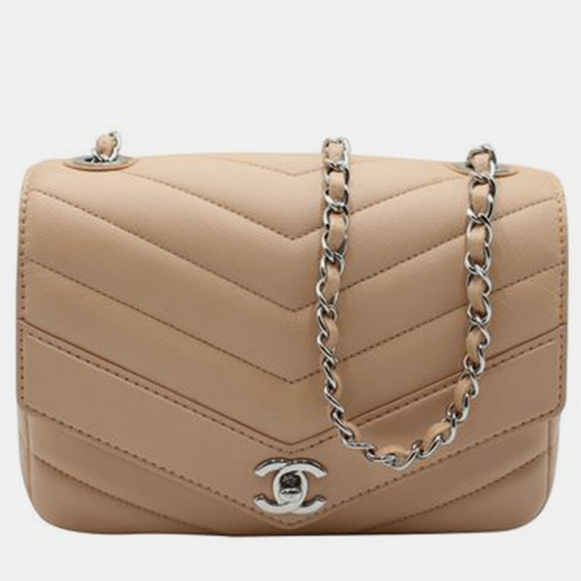 CHANEL Nude Chevron Flap Bag In Silver Hardware SHOULDER BAGS