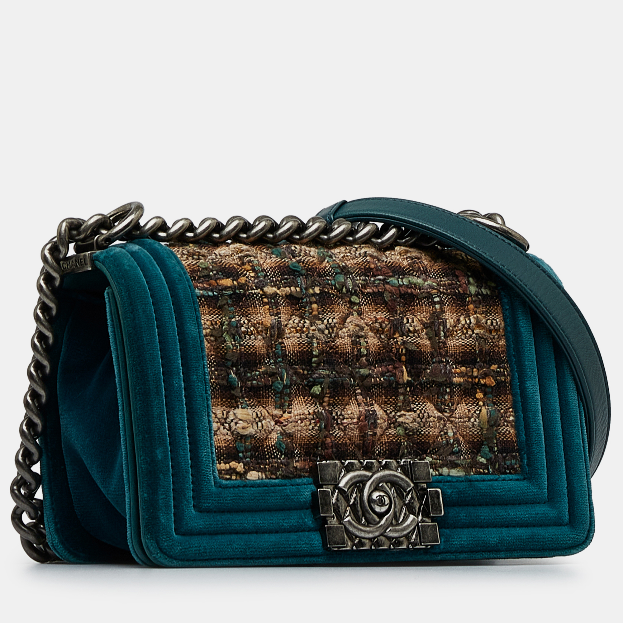 Chanel Green Blue Small Tweed And Velvet Boy Bag