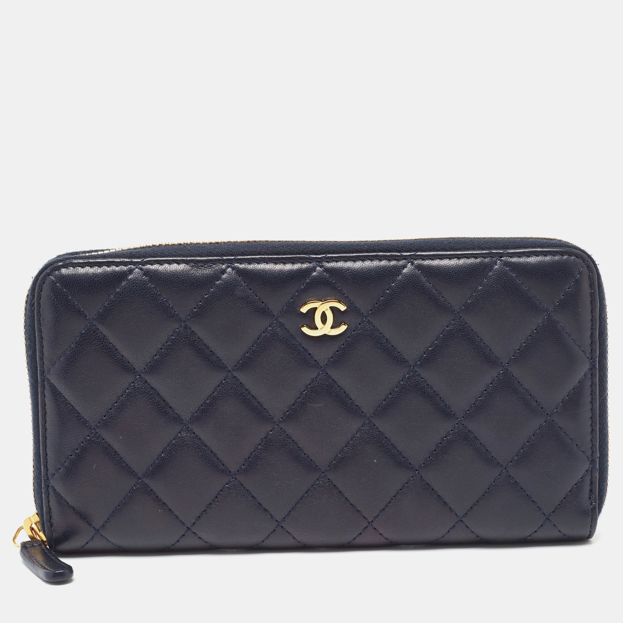 Chanel Navy Blue Quilted Leather CC Zip Around Wallet