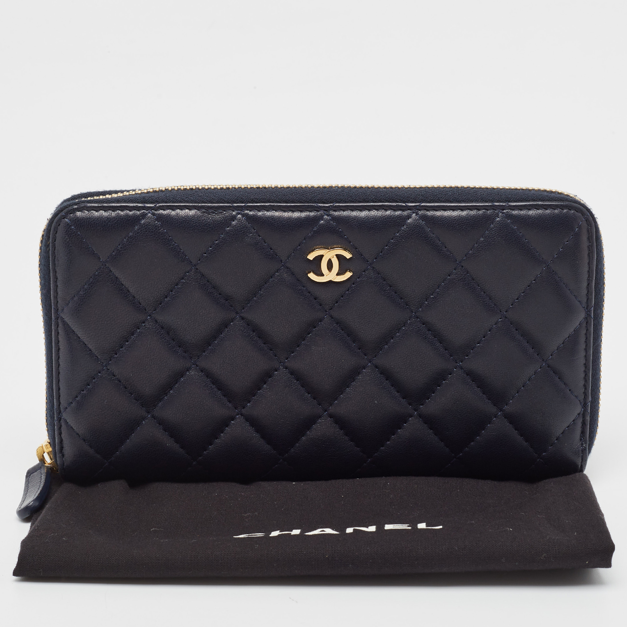 Chanel Navy Blue Quilted Leather CC Zip Around Wallet