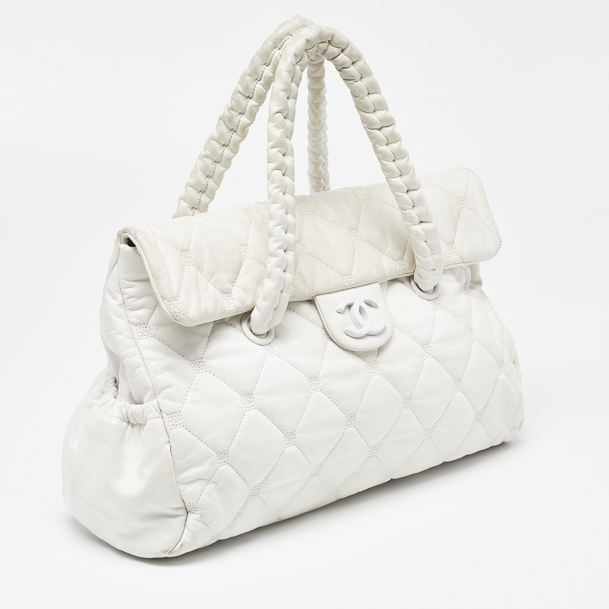 Chanel White Quilted Leather Hidden Chain Flap Bag