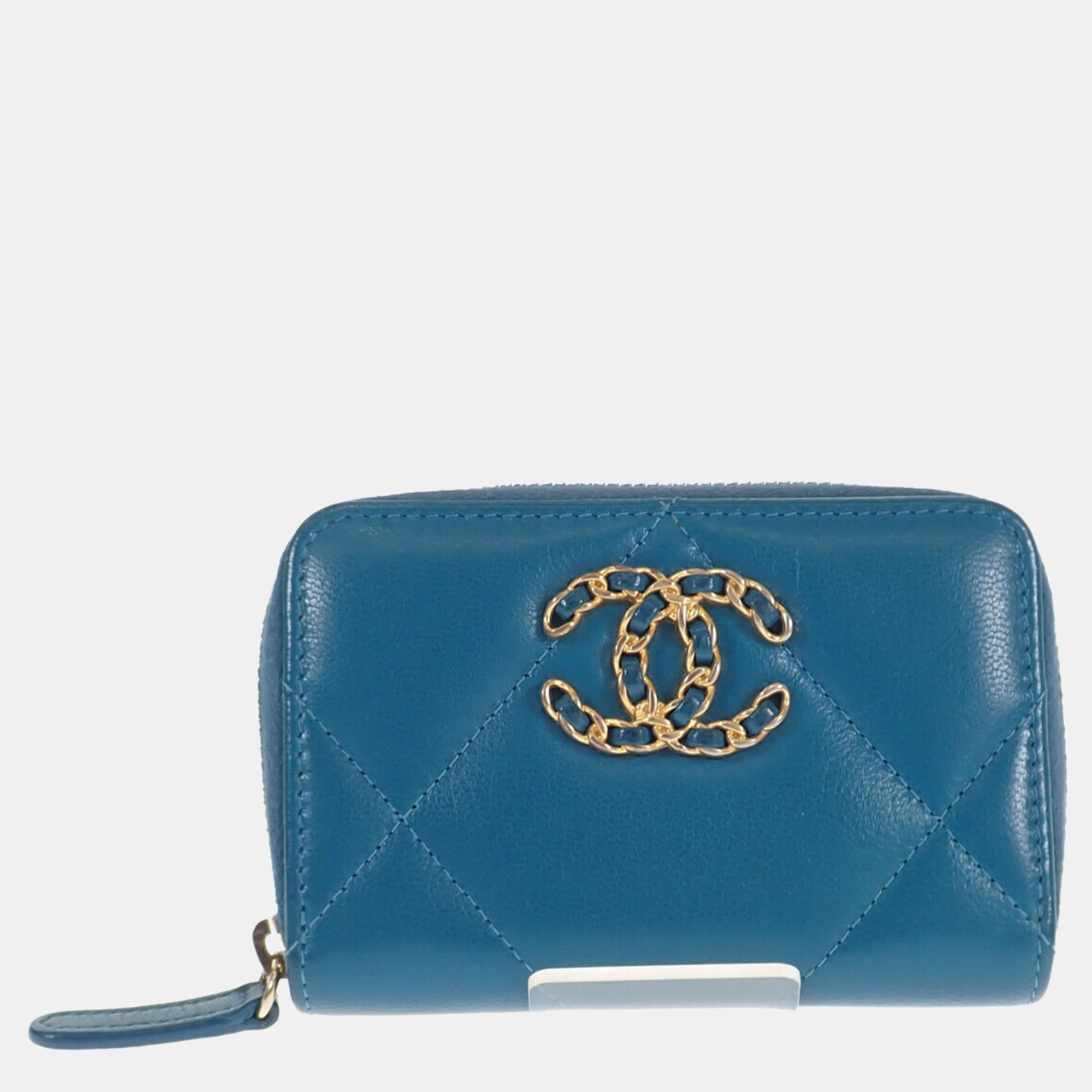 Chanel blue quilted leather 19 cc zip coin purse