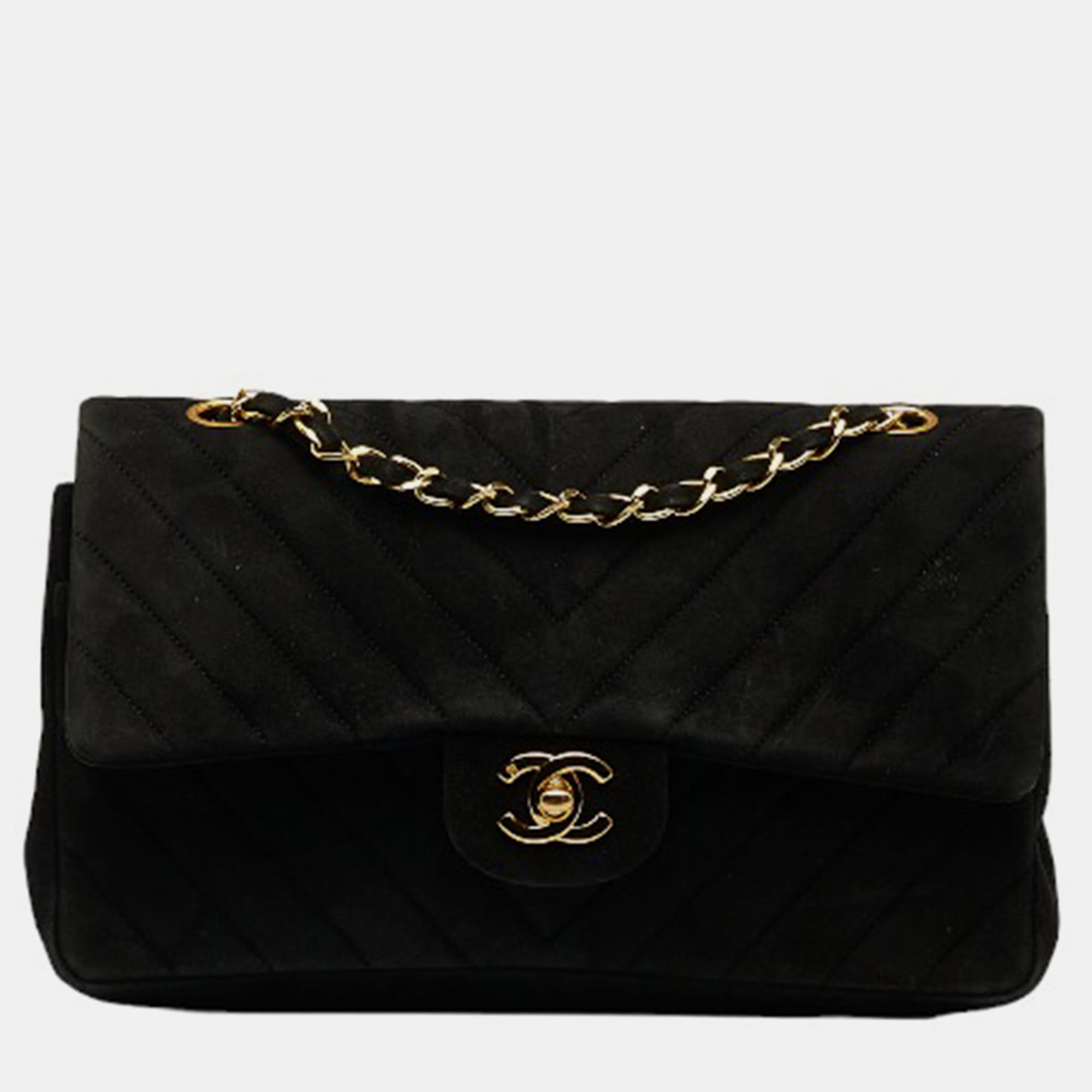 Chanel black suede cc chevron suede medium double flap bag