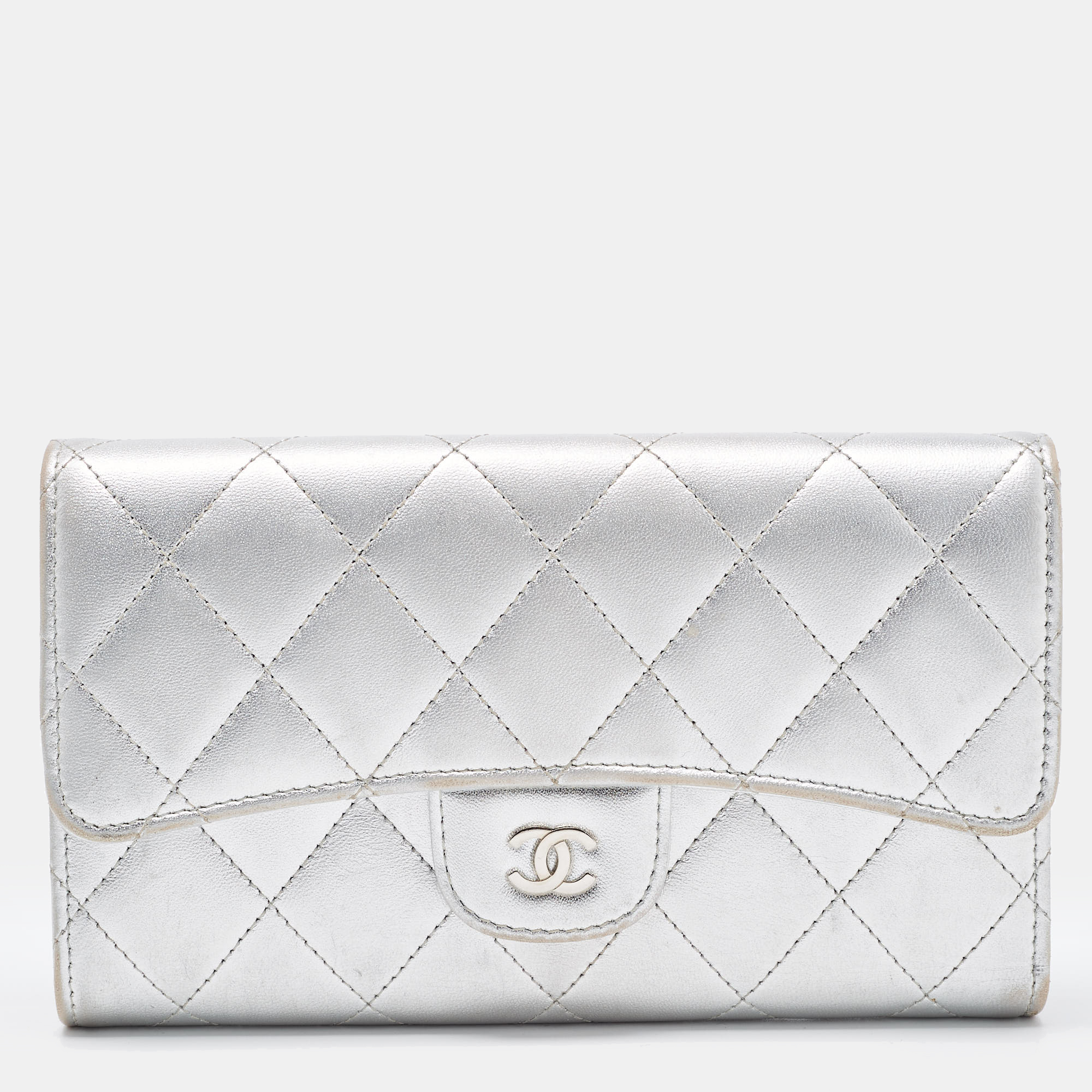 Chanel Silver Quilted Leather Classic Flap Wallet