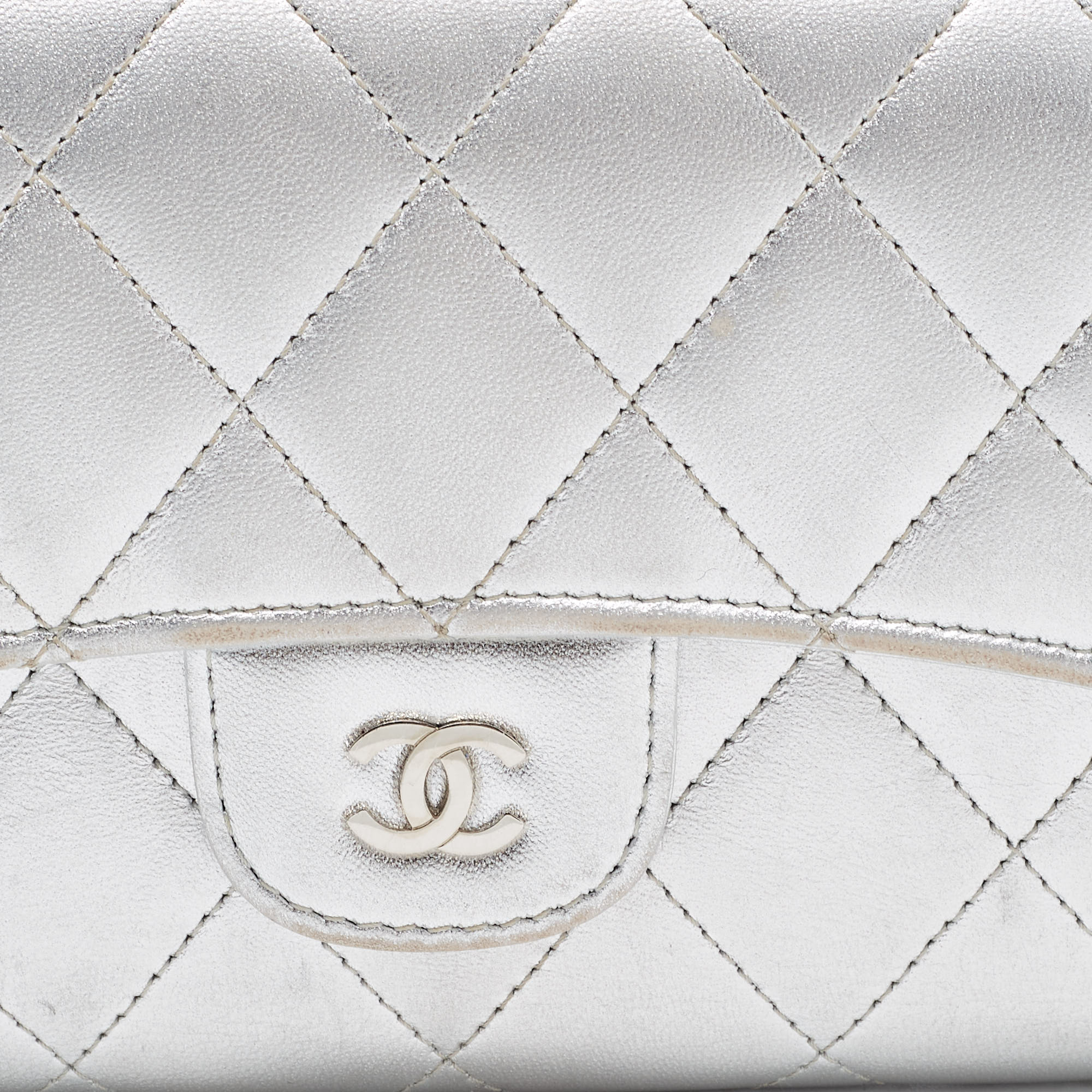 Chanel Silver Quilted Leather Classic Flap Wallet