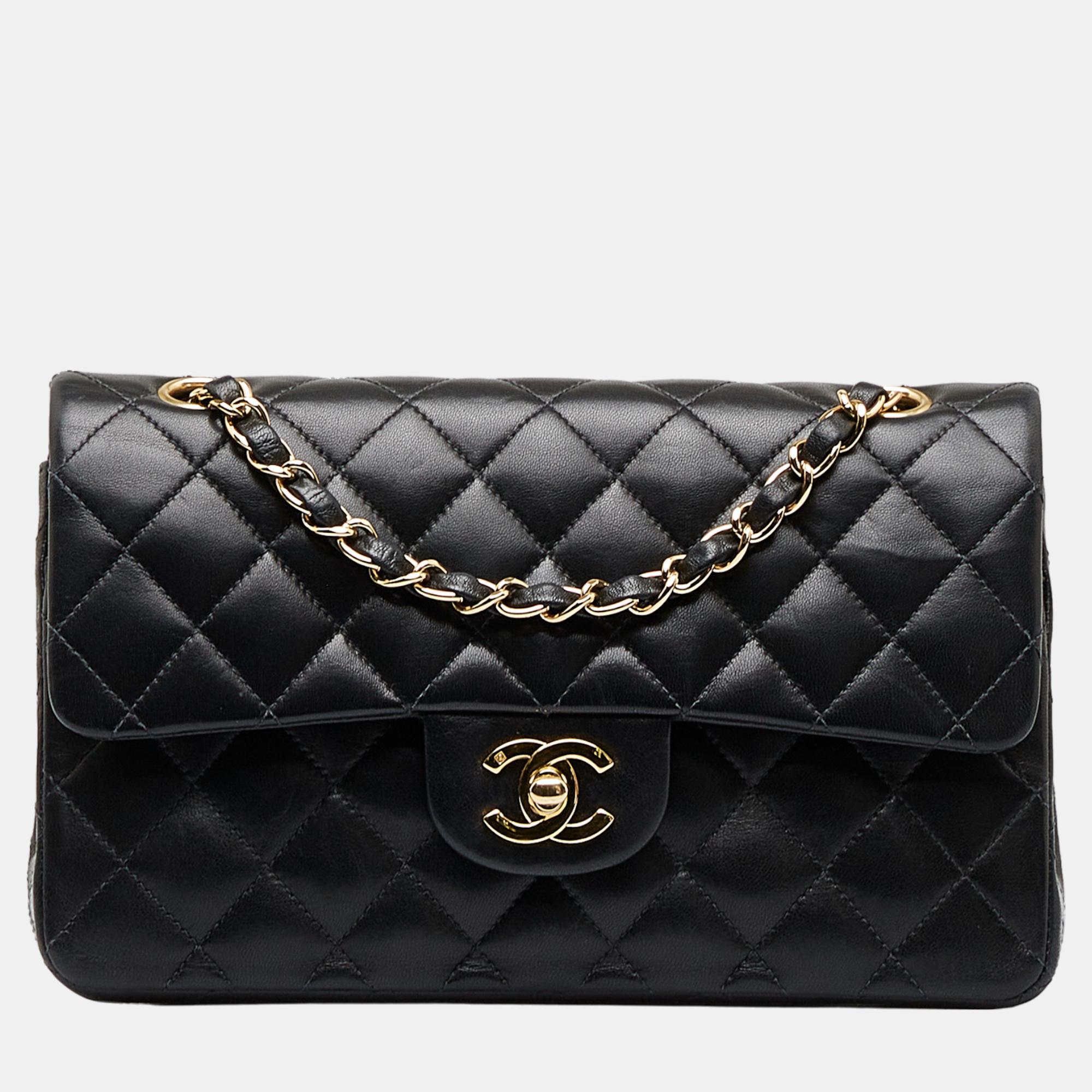 Chanel Black Small Classic Lambskin Leather Double Flap Bag