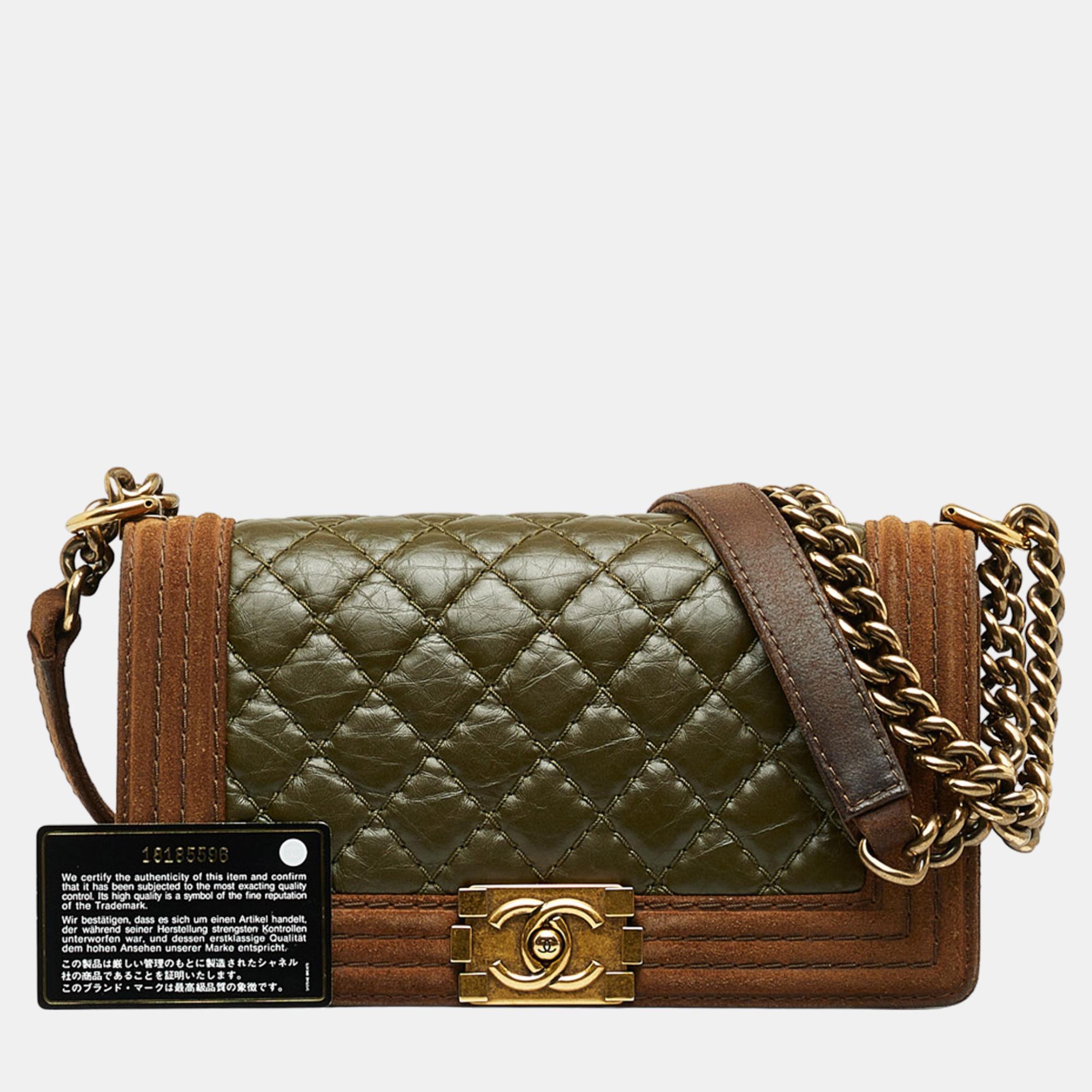 Chanel Brown/Green Small Boy Aged Calfskin Flap Bag