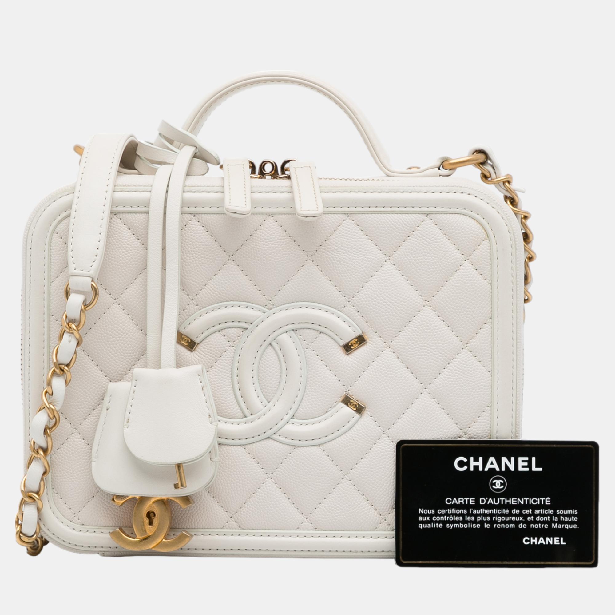 Chanel White Medium Caviar Filigree Vanity Case