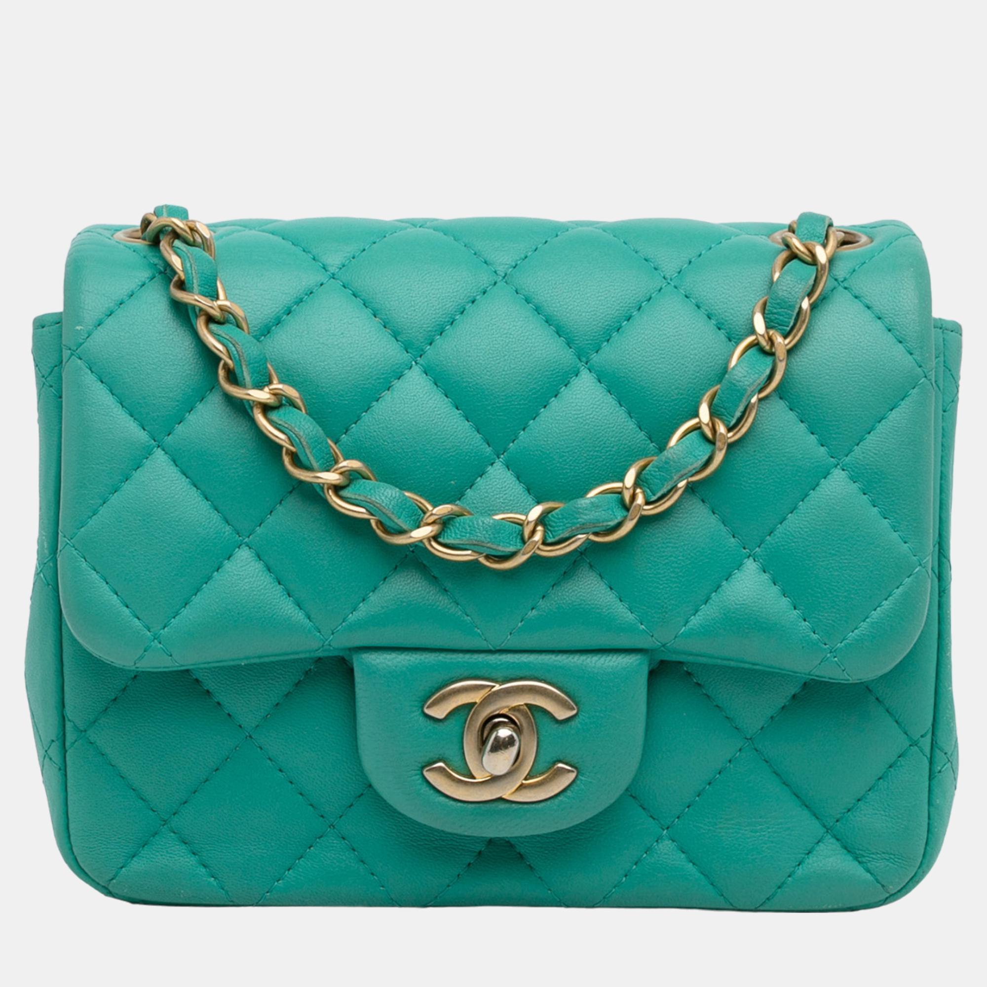 Chanel Green Mini Classic Square Lambskin Single Flap Bag