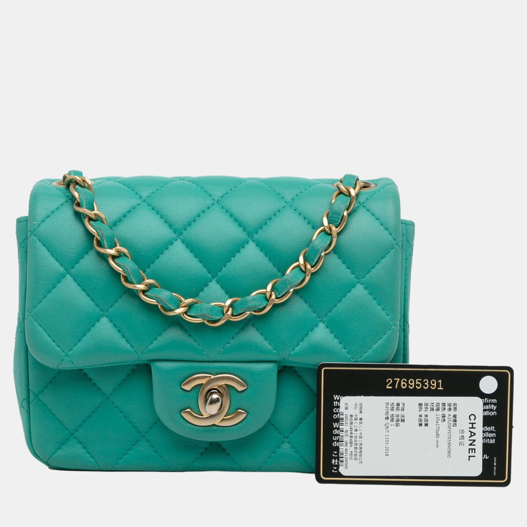 Chanel Green Mini Classic Square Lambskin Single Flap Bag
