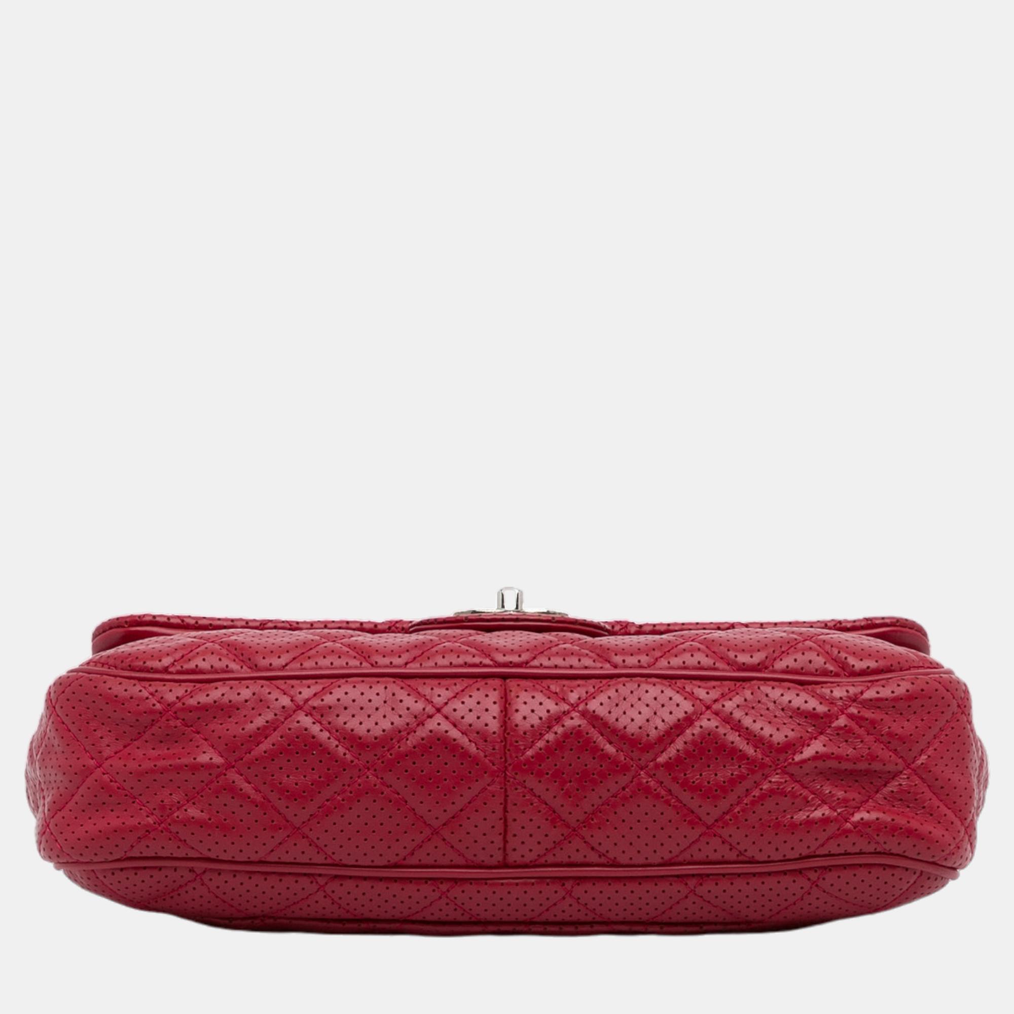 Chanel Red Jumbo Classic Perforated Lambskin Single Flap
