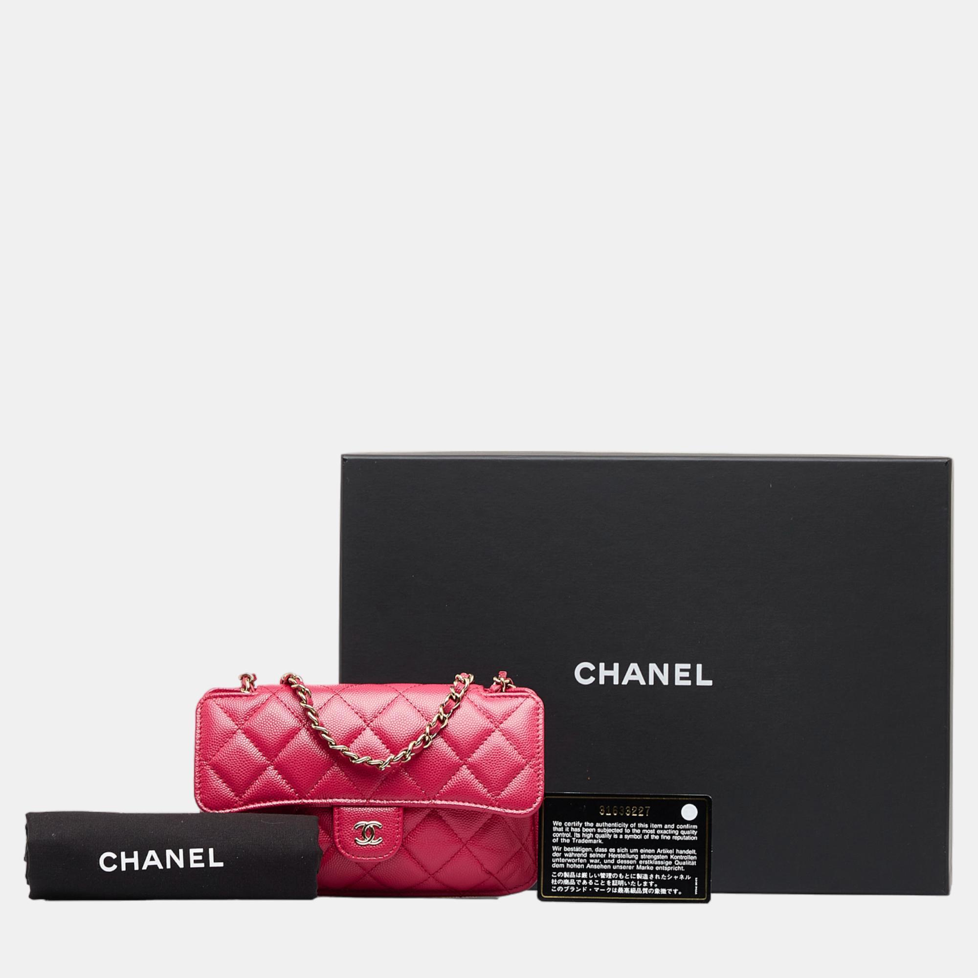 Chanel Pink Quilted Caviar Foldable Printed Fabric Tote With Chain