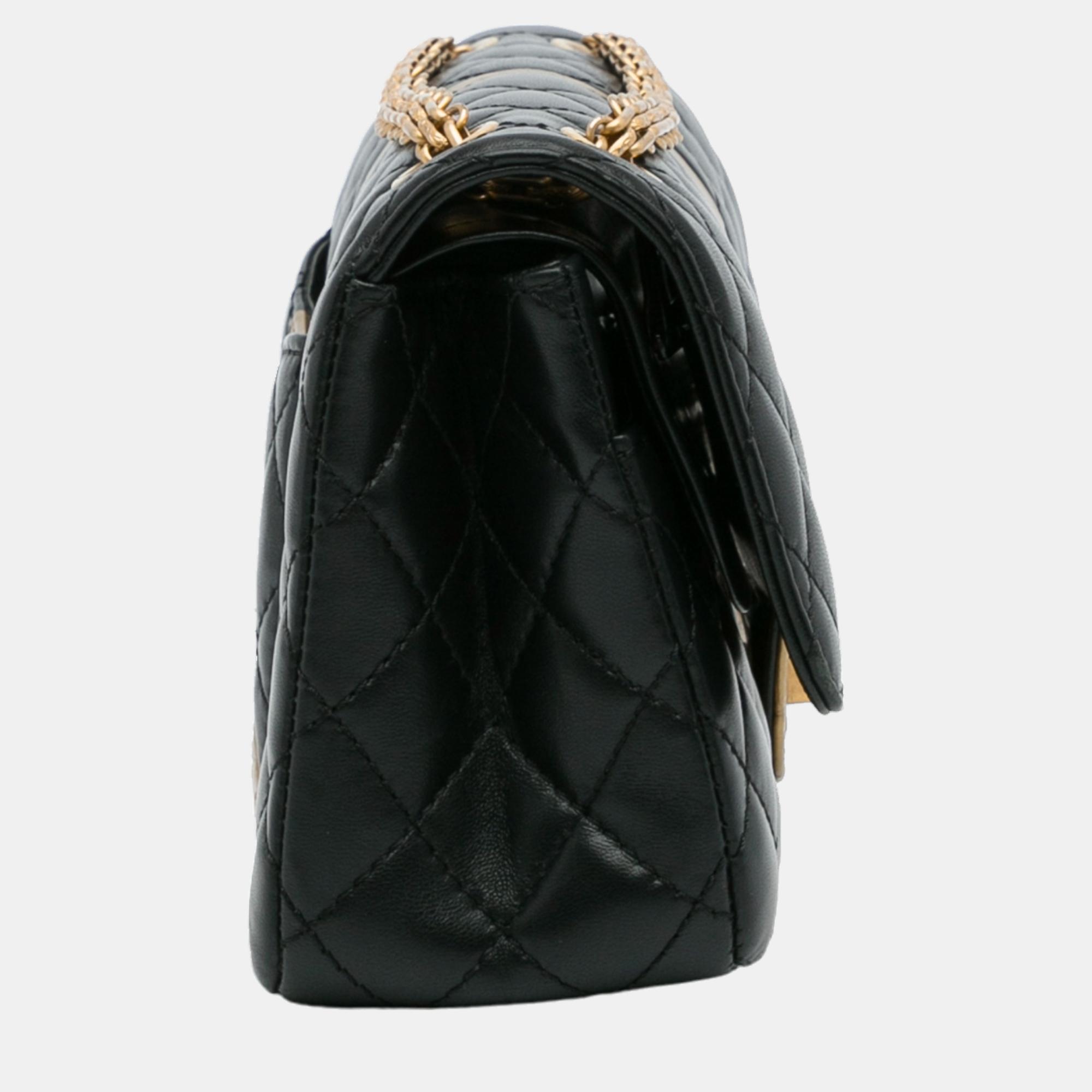 Chanel Black/Gold Medium Croc Embossed Lambskin 2.55 Reissue Double Flap Bag