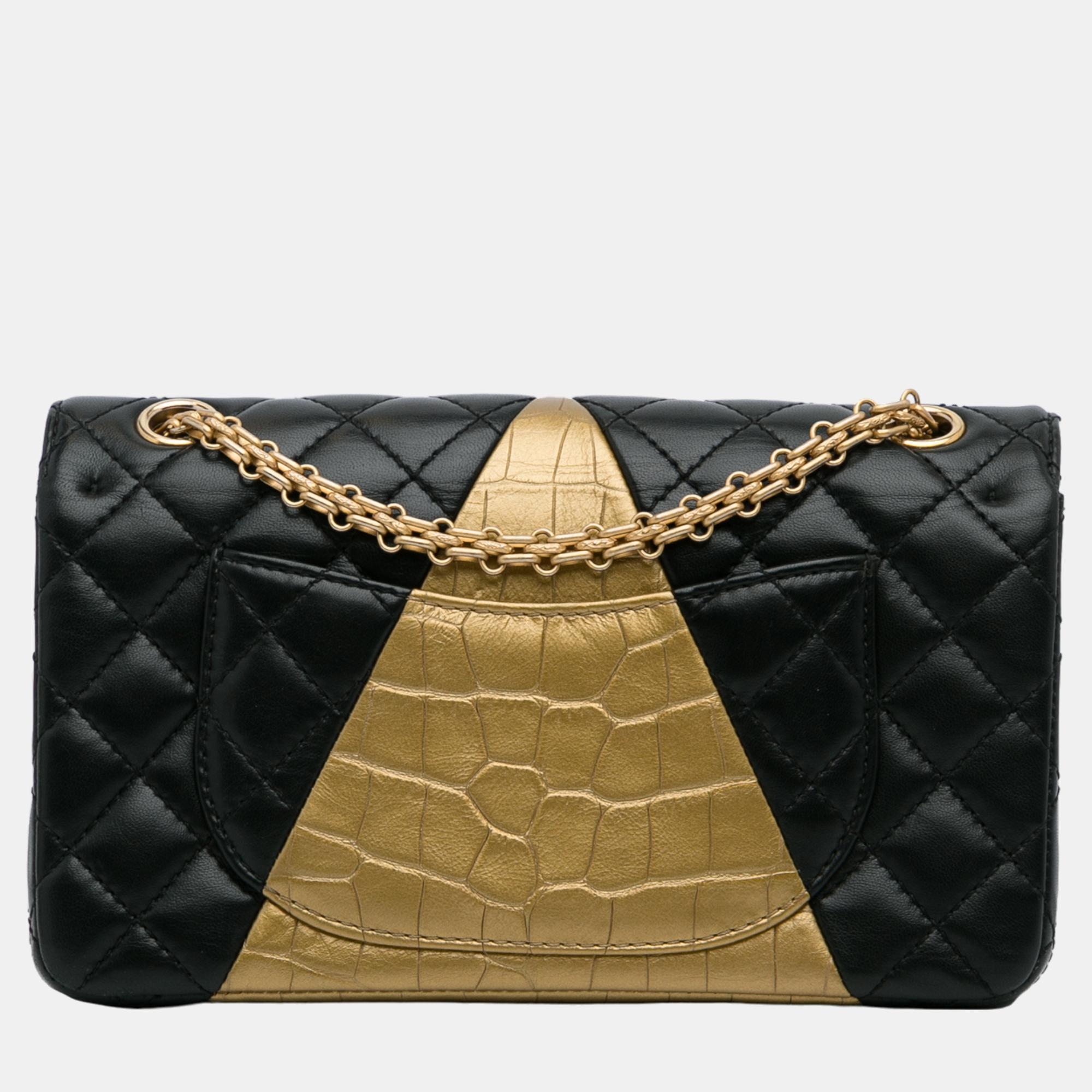 Chanel Black/Gold Medium Croc Embossed Lambskin 2.55 Reissue Double Flap Bag