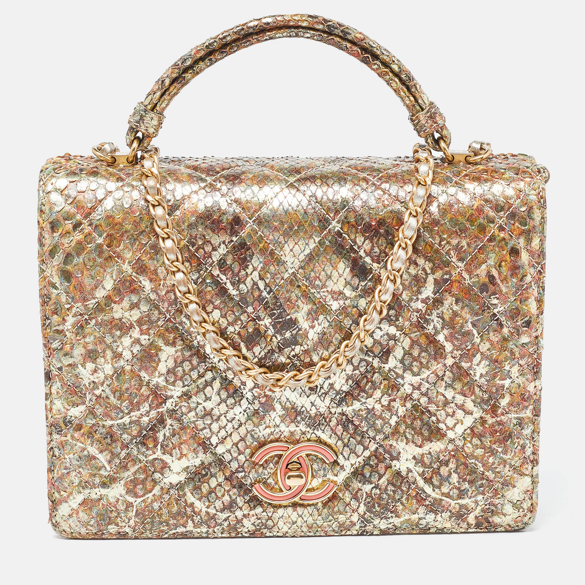 Chanel Metallic Multicolor Python Flap CC Logo Top Handle Bag