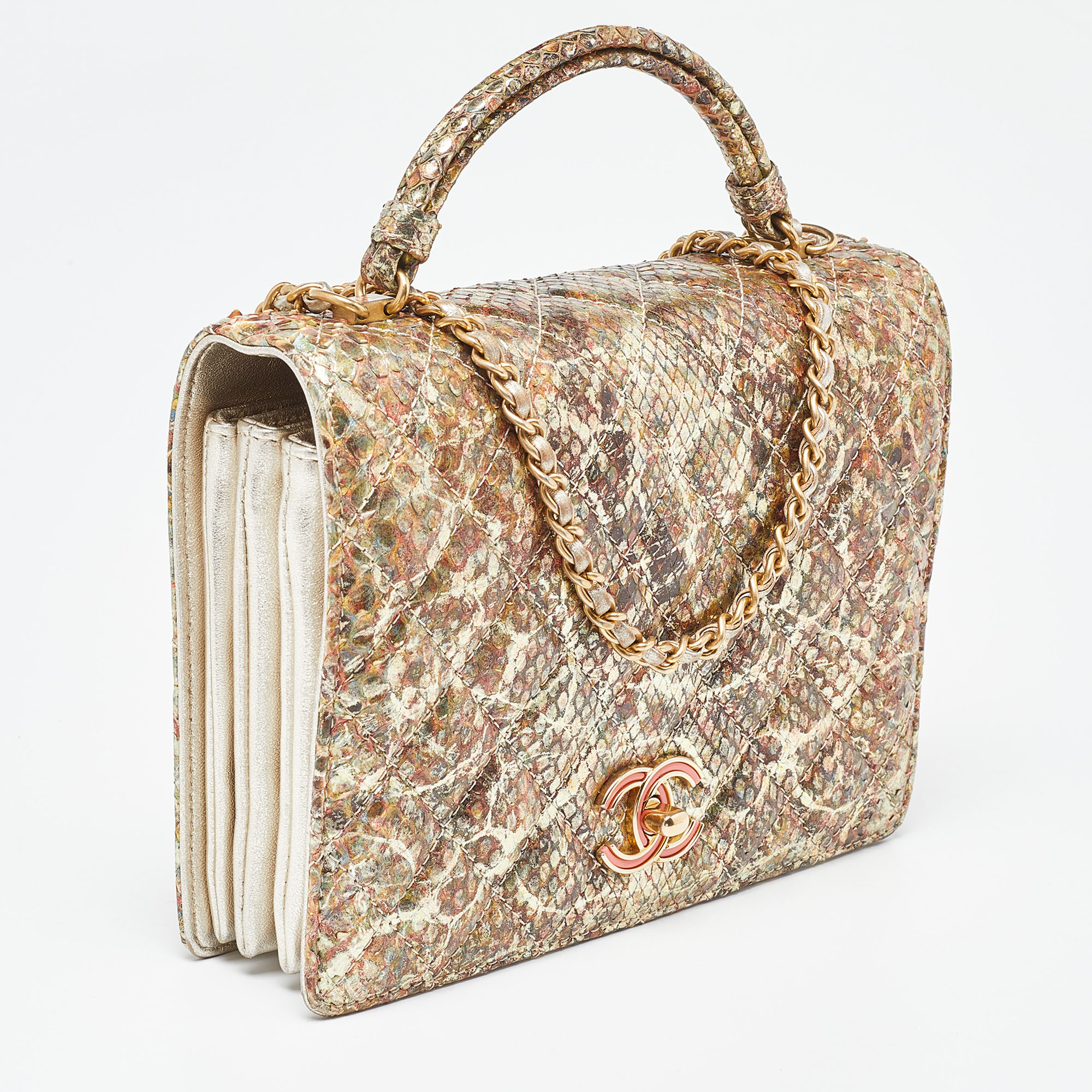 Chanel Metallic Multicolor Python Flap CC Logo Top Handle Bag