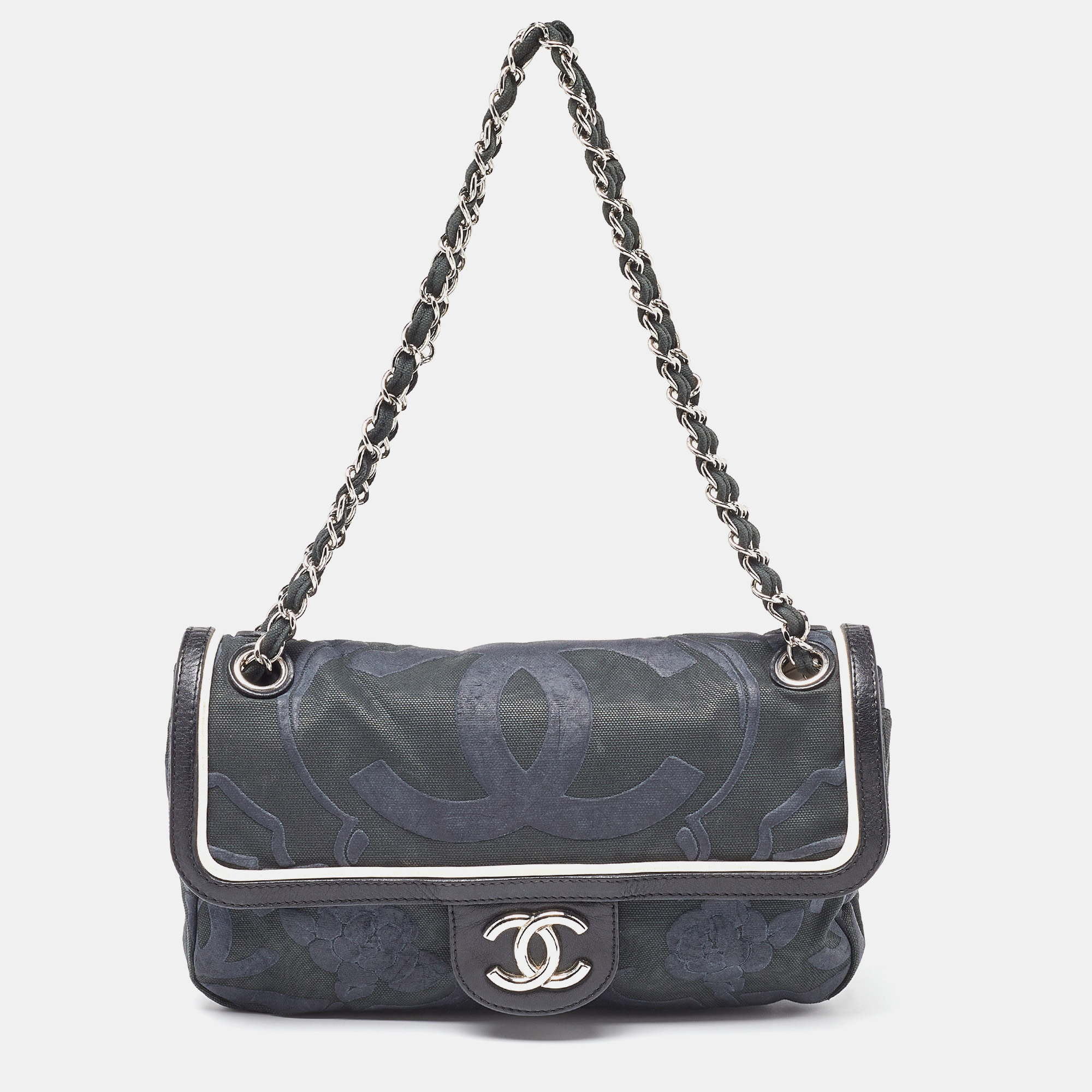 Chanel tri color cc logo camellia embossed canvas and leather east west flap bag