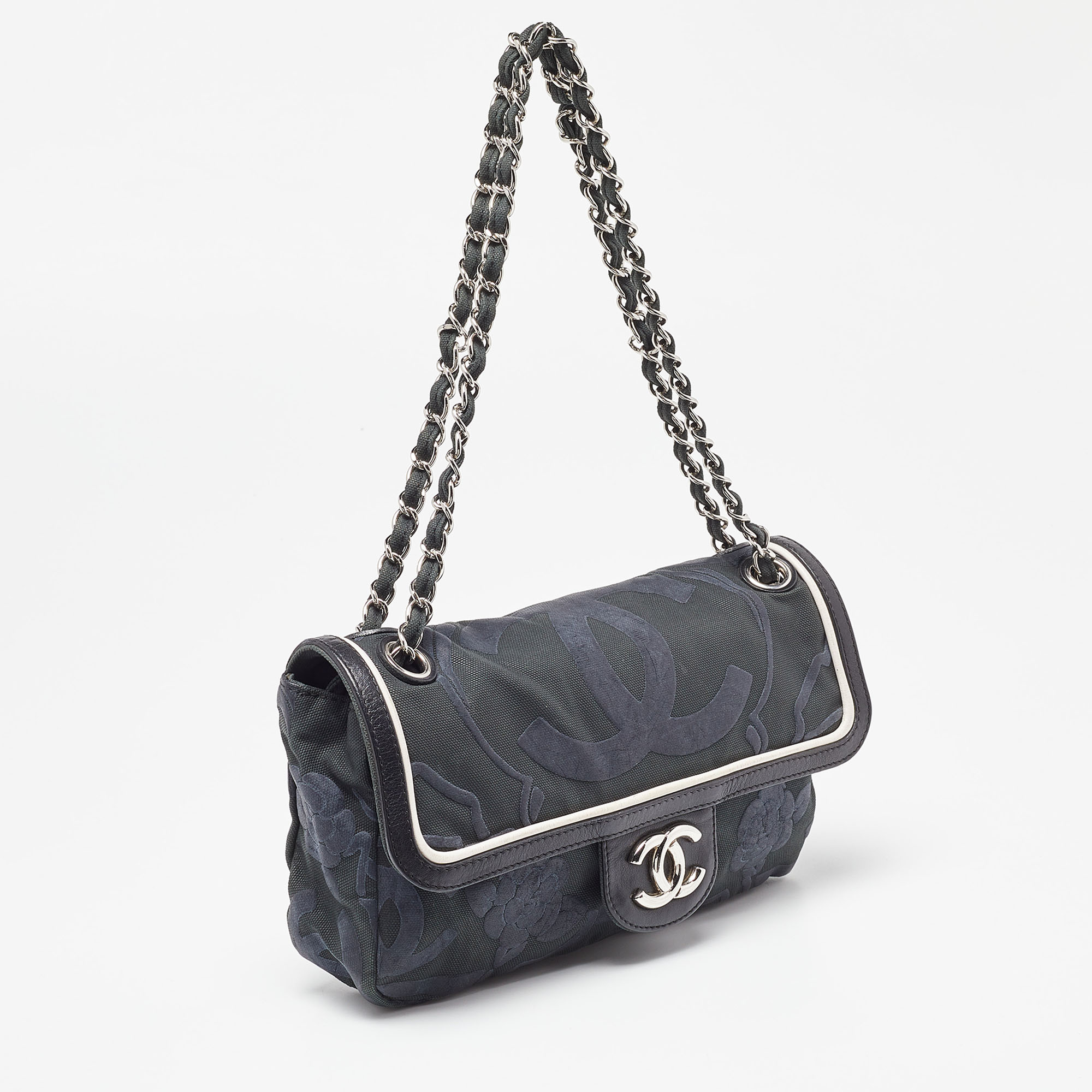 Chanel Tri Color CC Logo Camellia Embossed Canvas And Leather East West Flap Bag