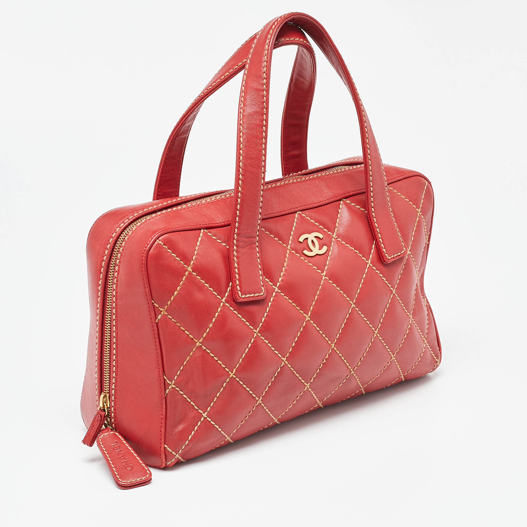 Chanel Red Quilted Leather Surpique Bowler Bag