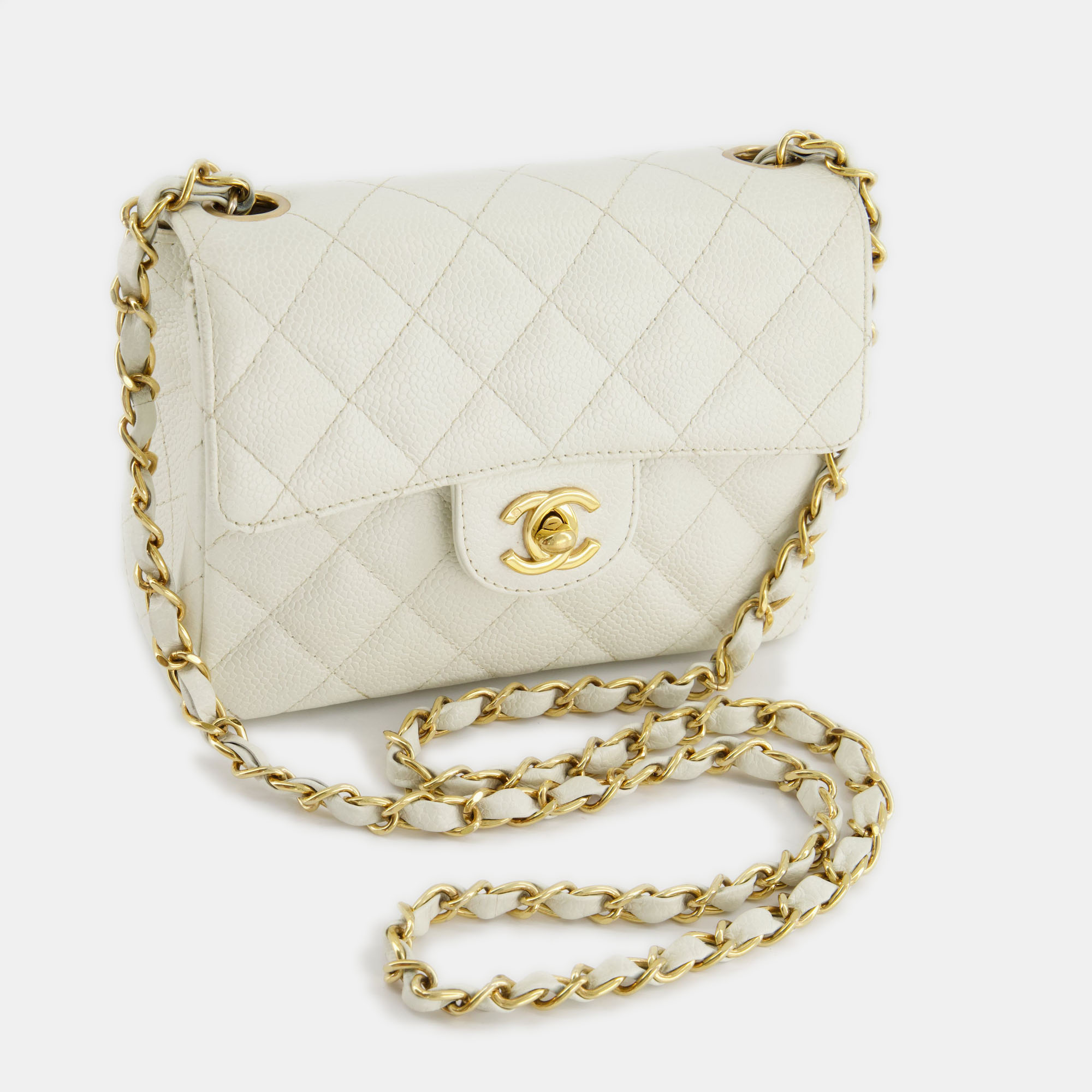 Chanel Vintage White Caviar Mini Square Flap Bag With 24K Gold Hardware