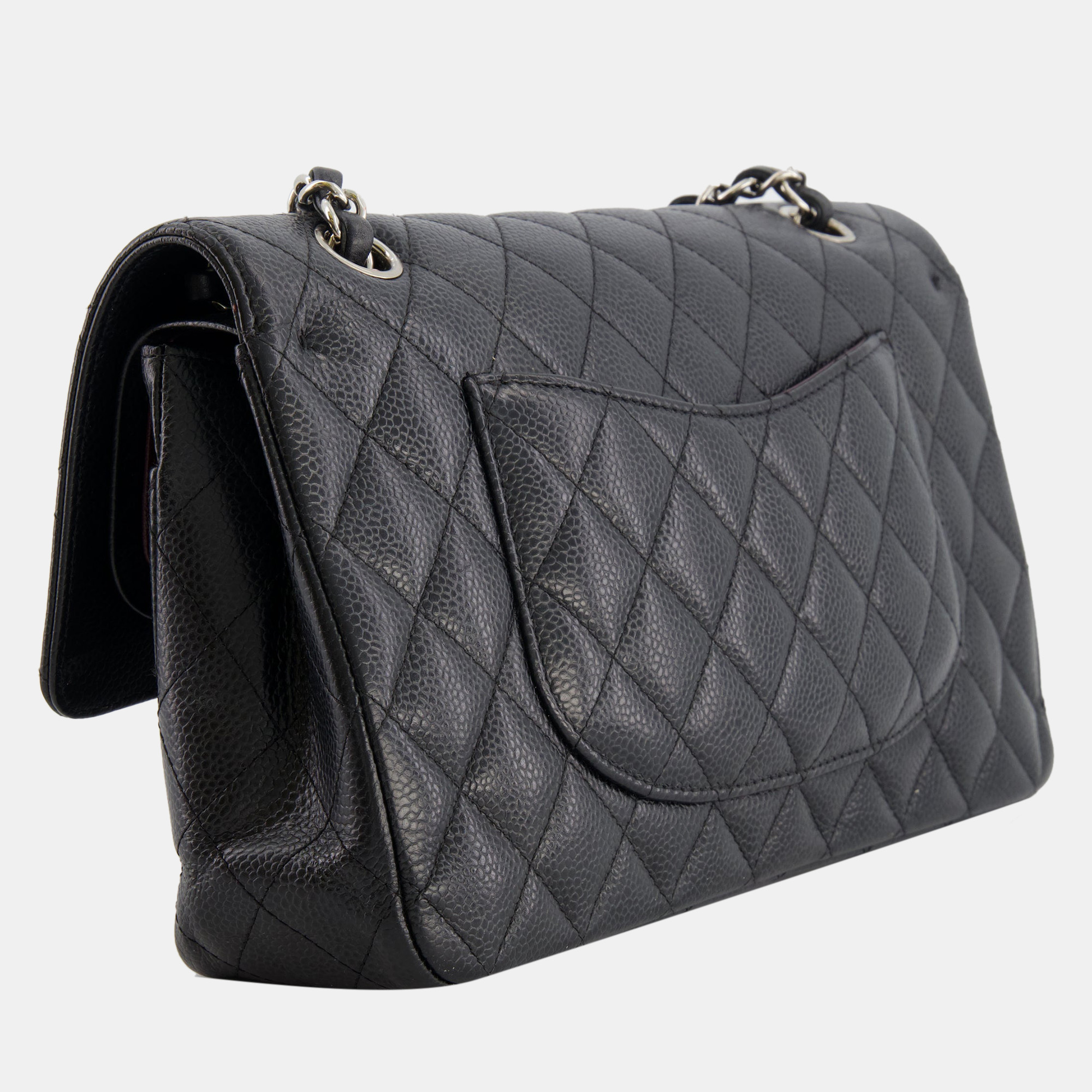 Chanel Black Medium Classic Double Flap Bag In Caviar Leather With Silver Hardware