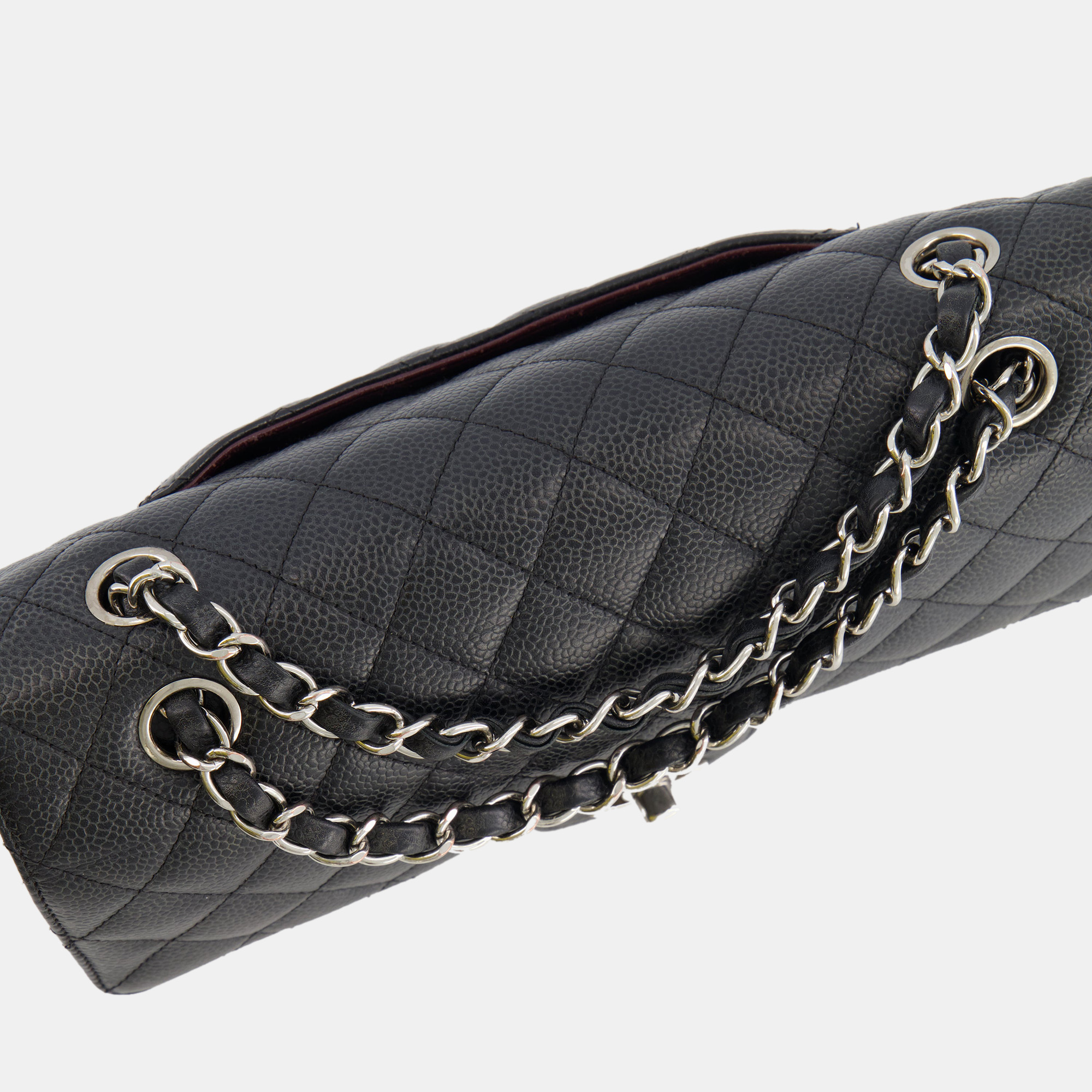 Chanel Black Medium Classic Double Flap Bag In Caviar Leather With Silver Hardware