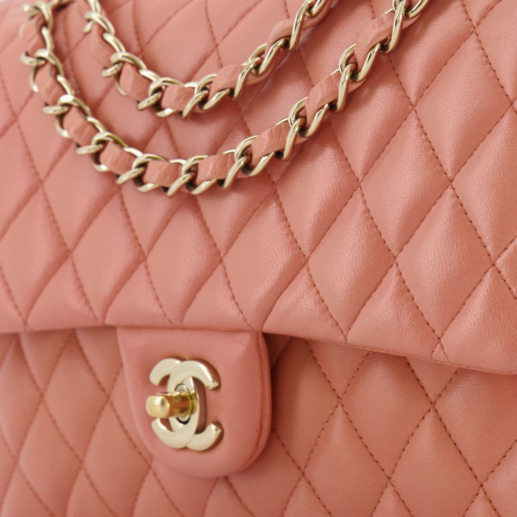 Chanel Peach Pink Lambskin Medium Classic Double Flap Bag With Champagne Gold Hardware