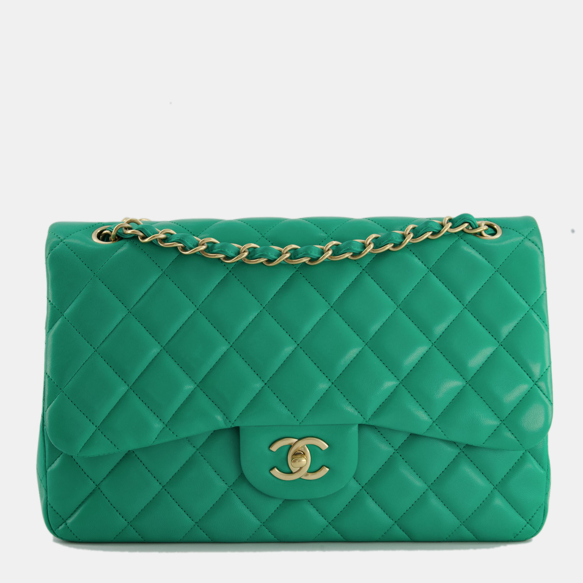 Chanel emerald green jumbo classic double flap bag in lambskin leather with brushed gold hardware