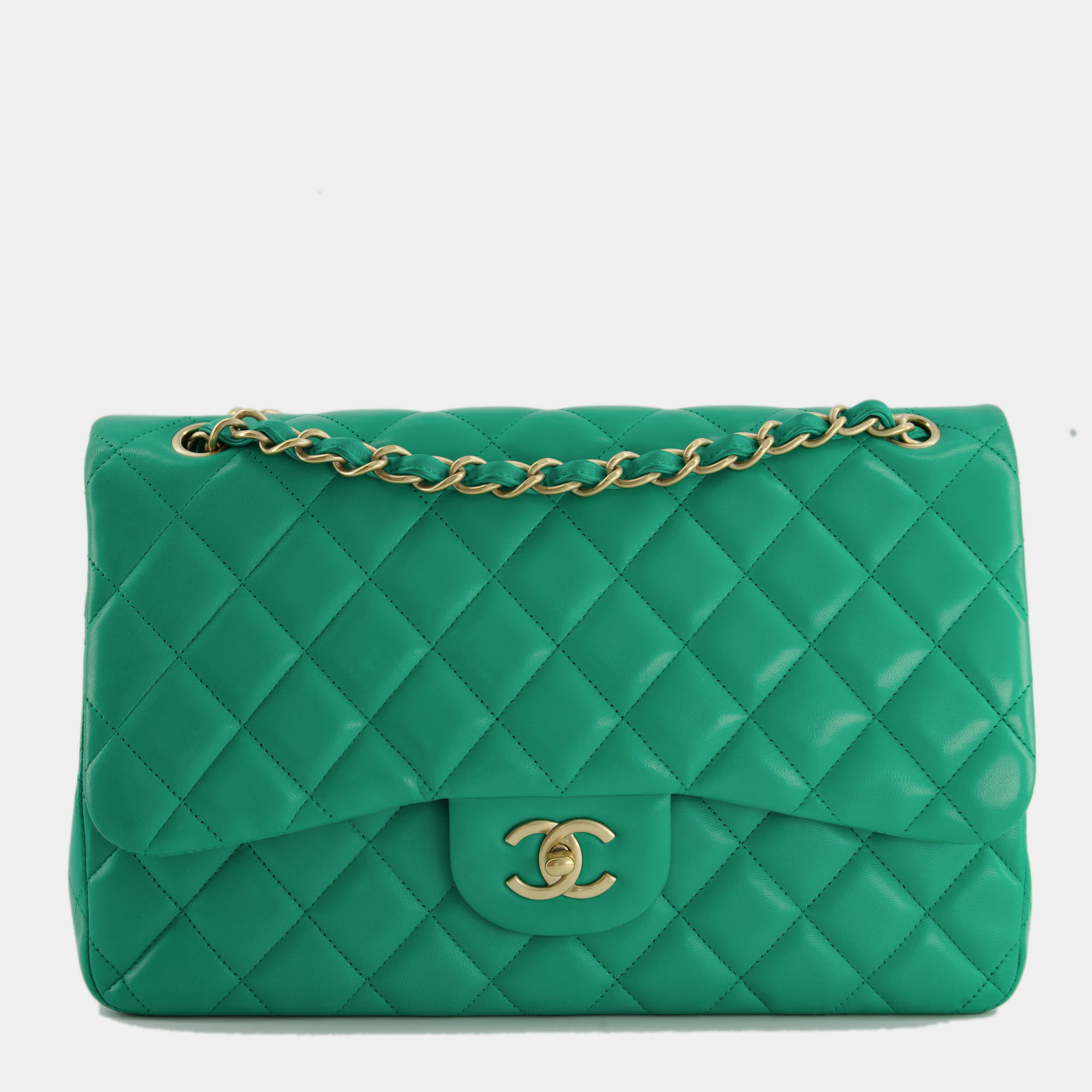 Chanel Emerald Green Jumbo Classic Double Flap Bag In Lambskin Leather With Brushed Gold Hardware