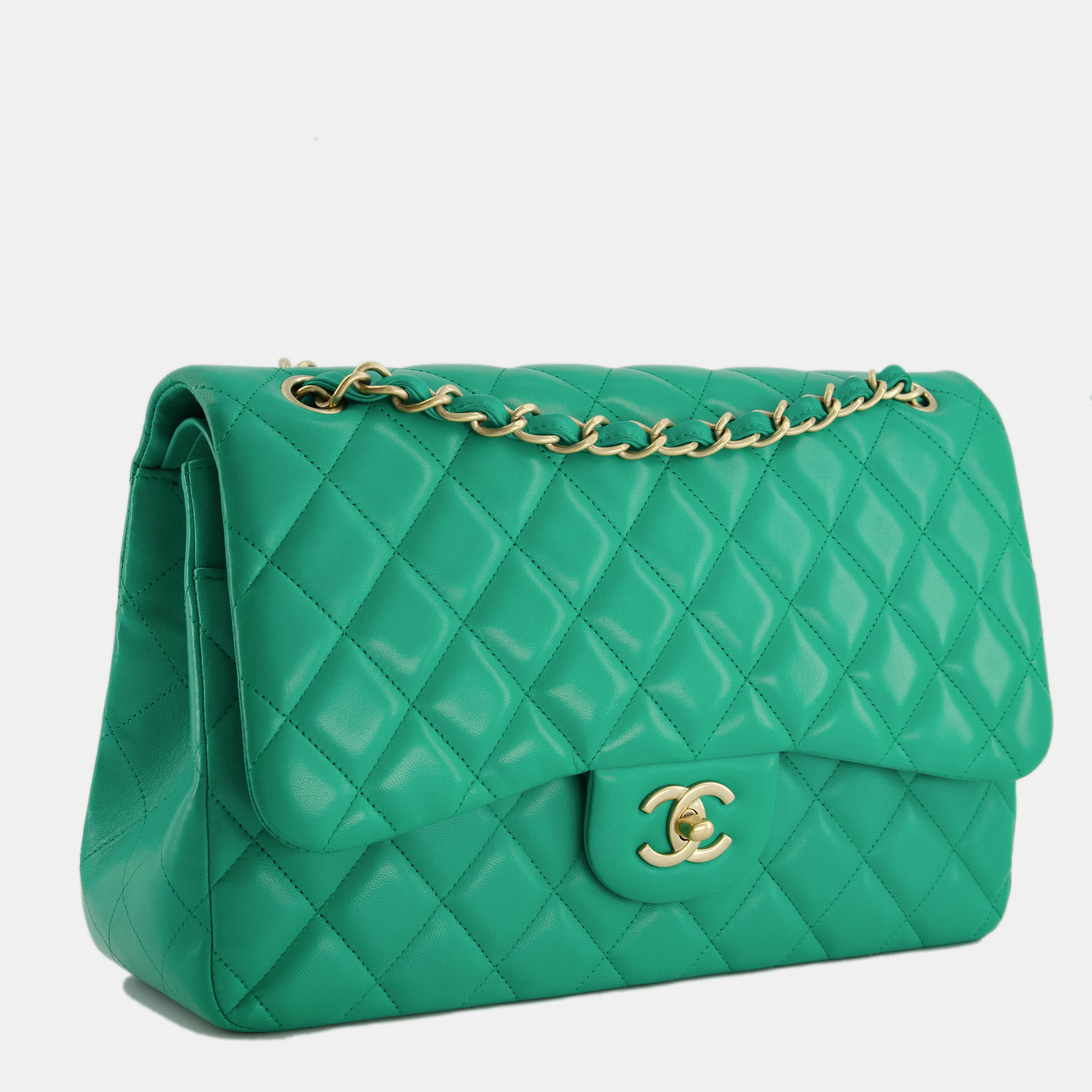 Chanel Emerald Green Jumbo Classic Double Flap Bag In Lambskin Leather With Brushed Gold Hardware