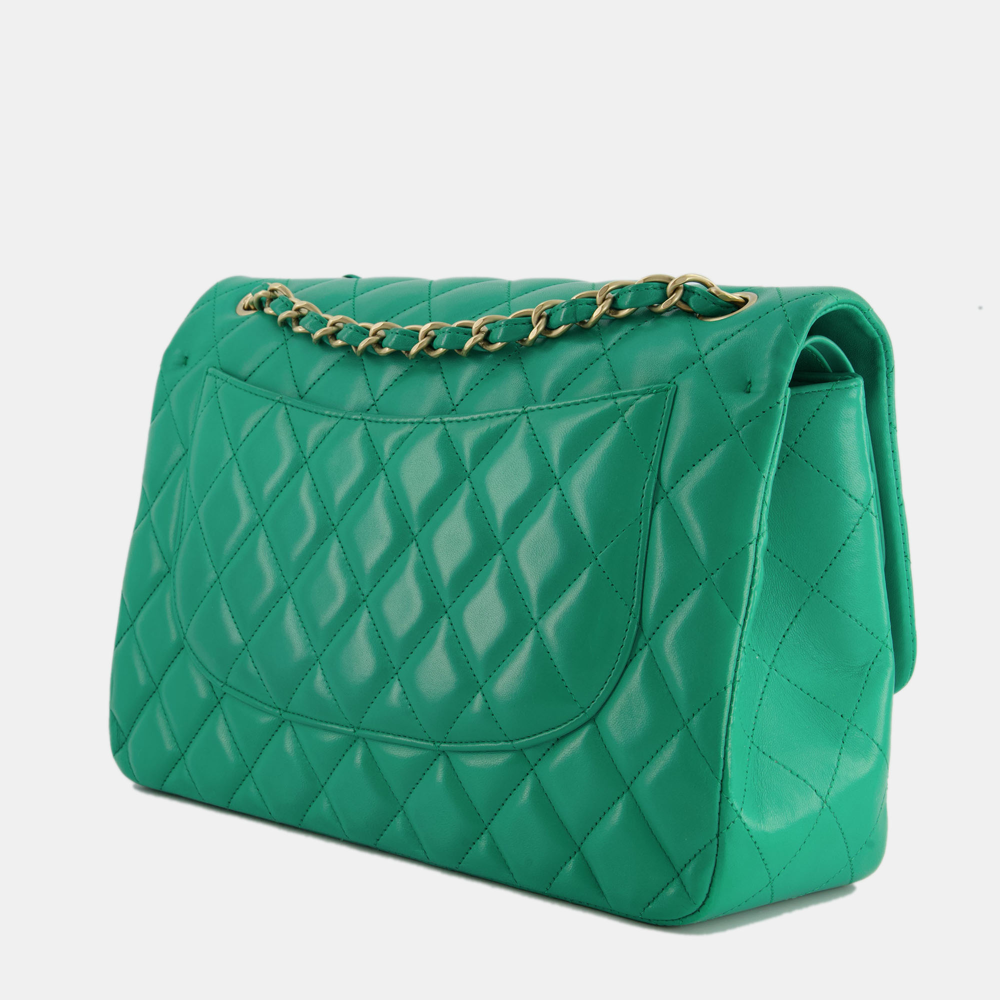 Chanel Emerald Green Jumbo Classic Double Flap Bag In Lambskin Leather With Brushed Gold Hardware