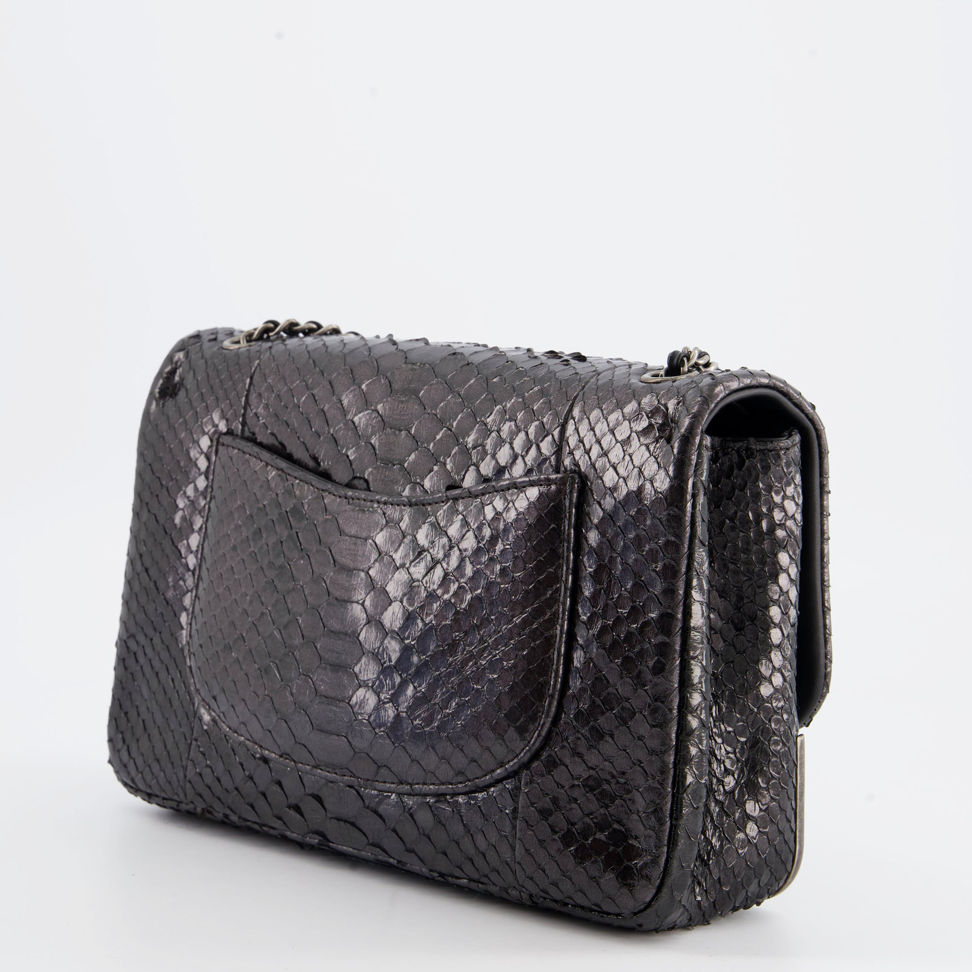 Chanel Metallic Black Python Small Single Flap Bag With Ruthenium Textured Hardware