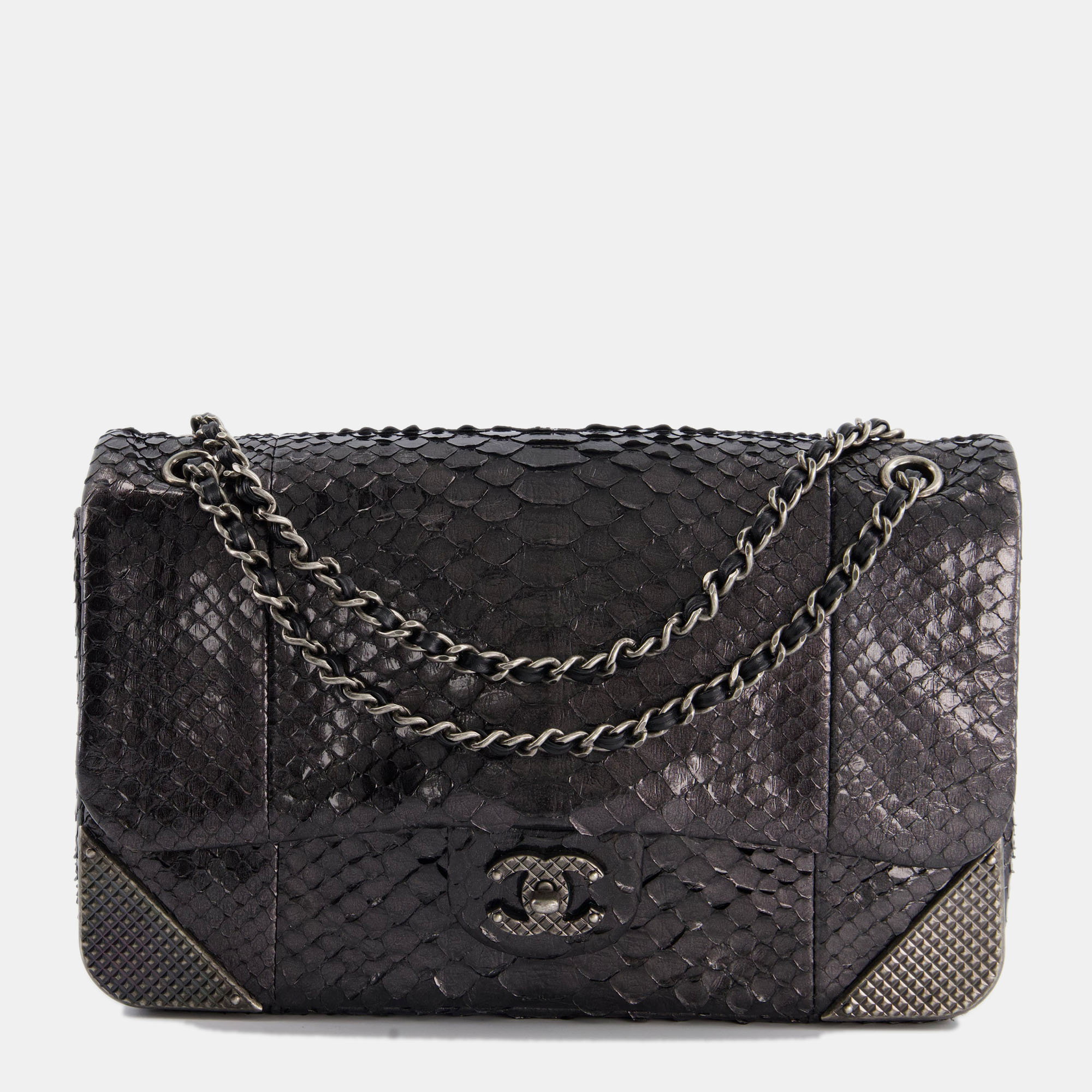 Chanel Metallic Black Python Small Single Flap Bag With Ruthenium Textured Hardware