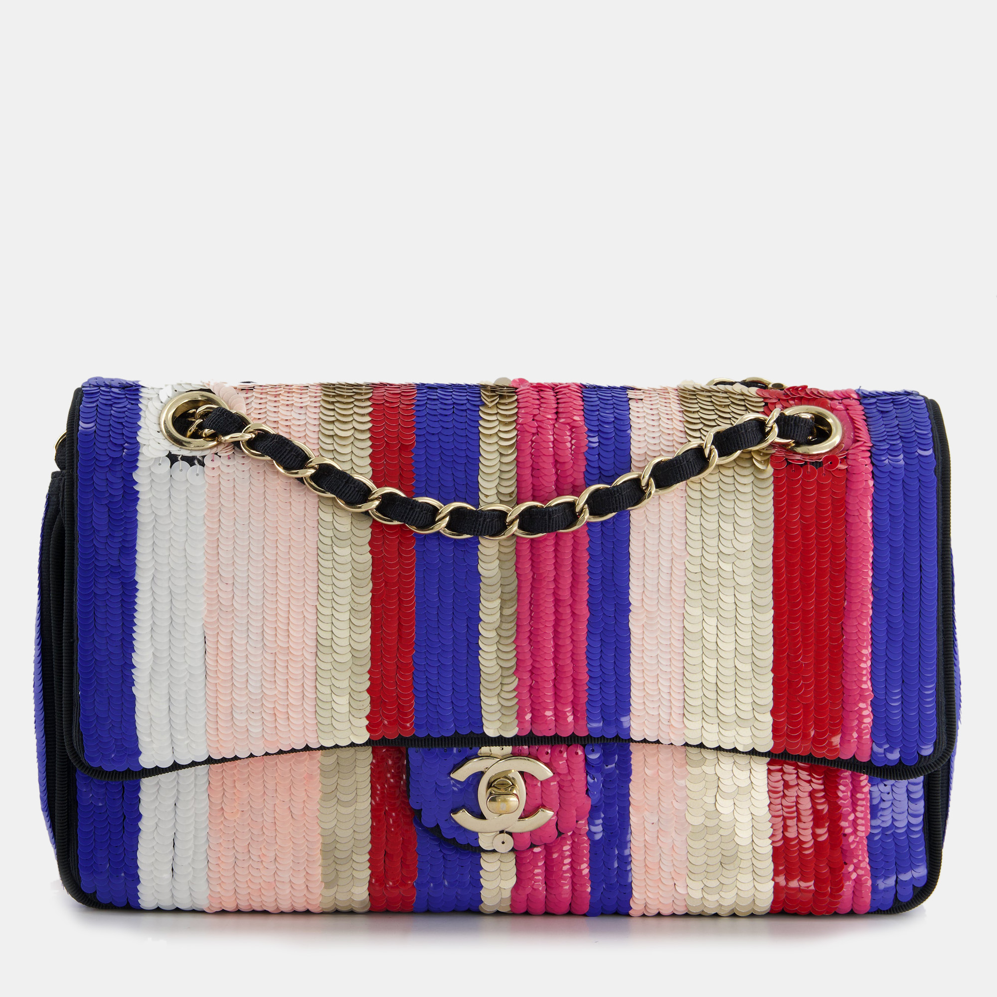 Chanel multi-colour sequin stripe medium double flap bag with champagne gold hardware