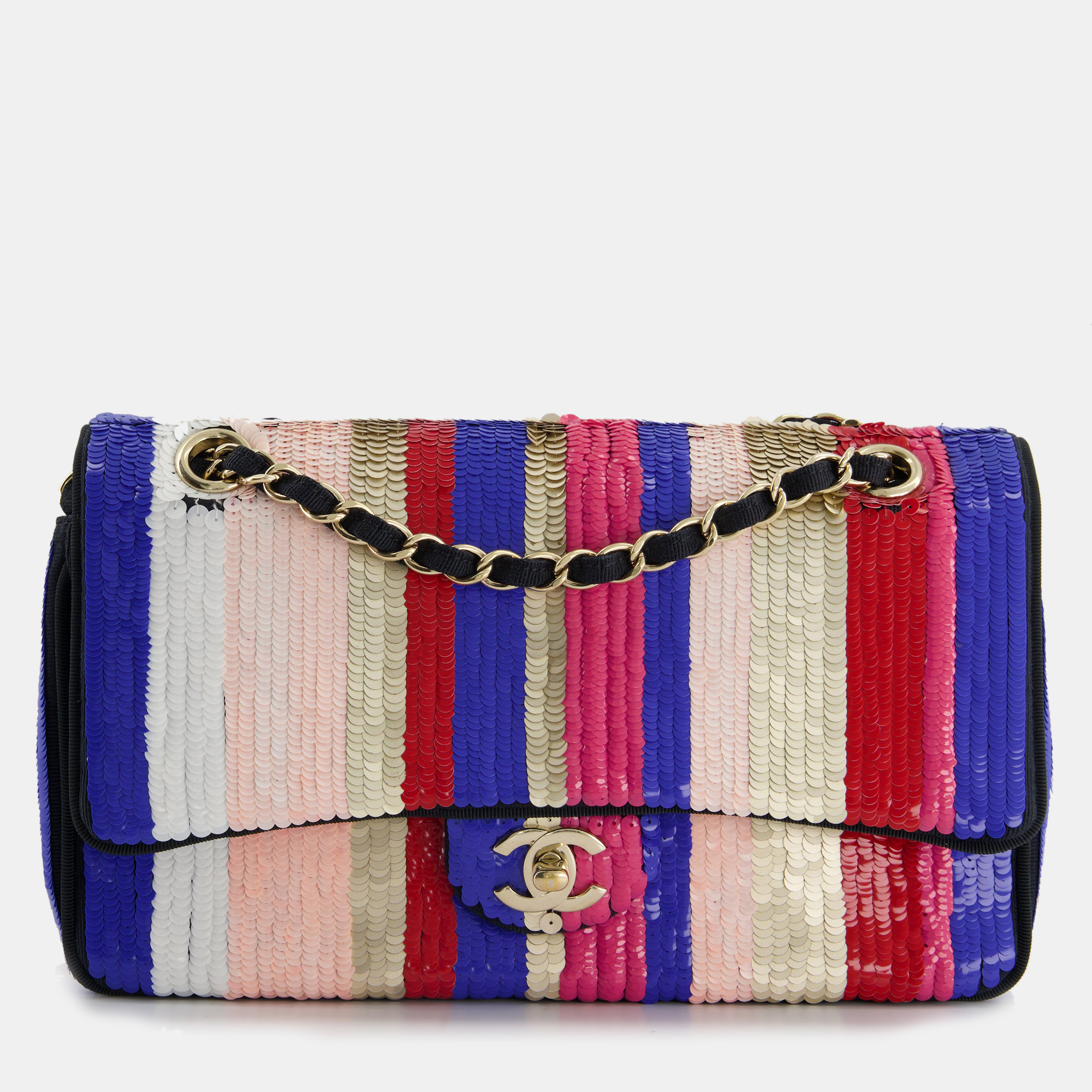 Chanel Multi-Colour Sequin Stripe Medium Double Flap Bag With Champagne Gold Hardware