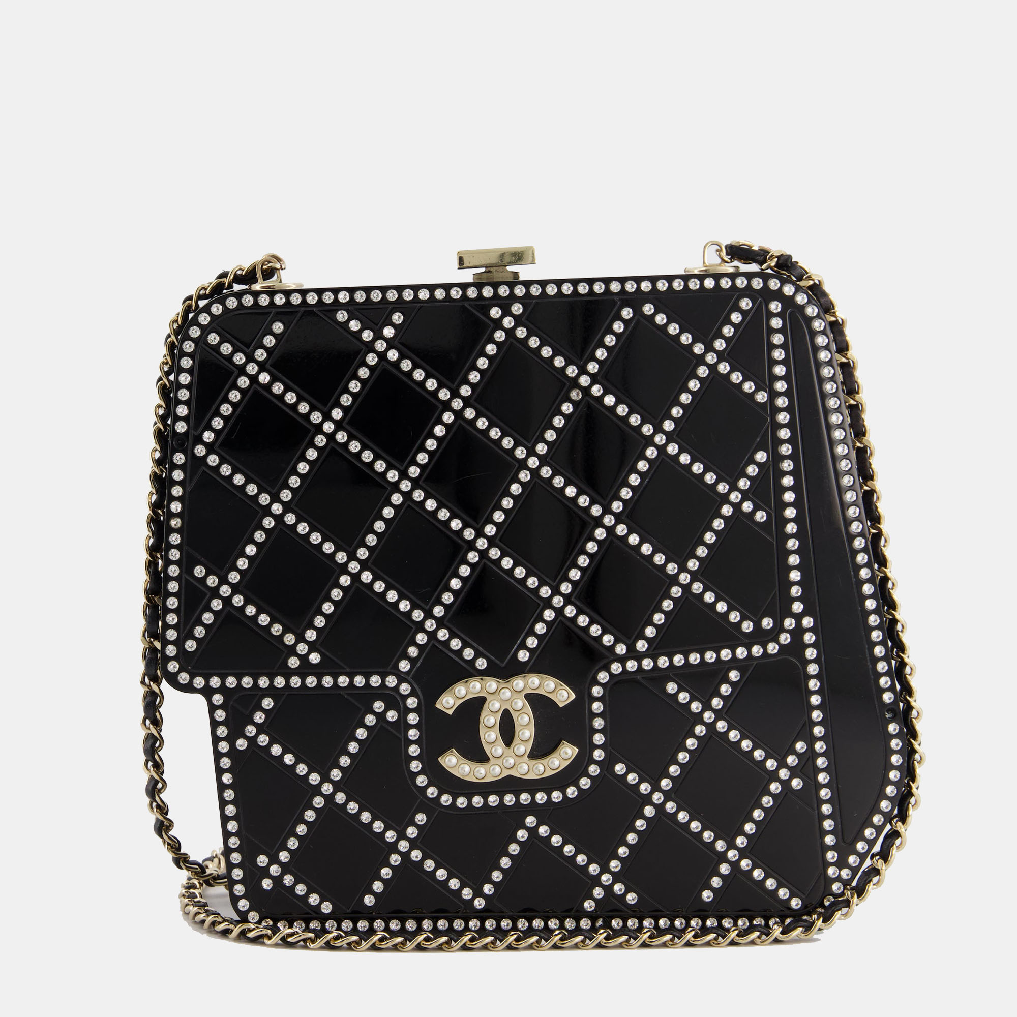 Chanel Black Acrylic Crossbody Box Bag With Crystal With Pearl Embellishment And Champagne Gold Hardware