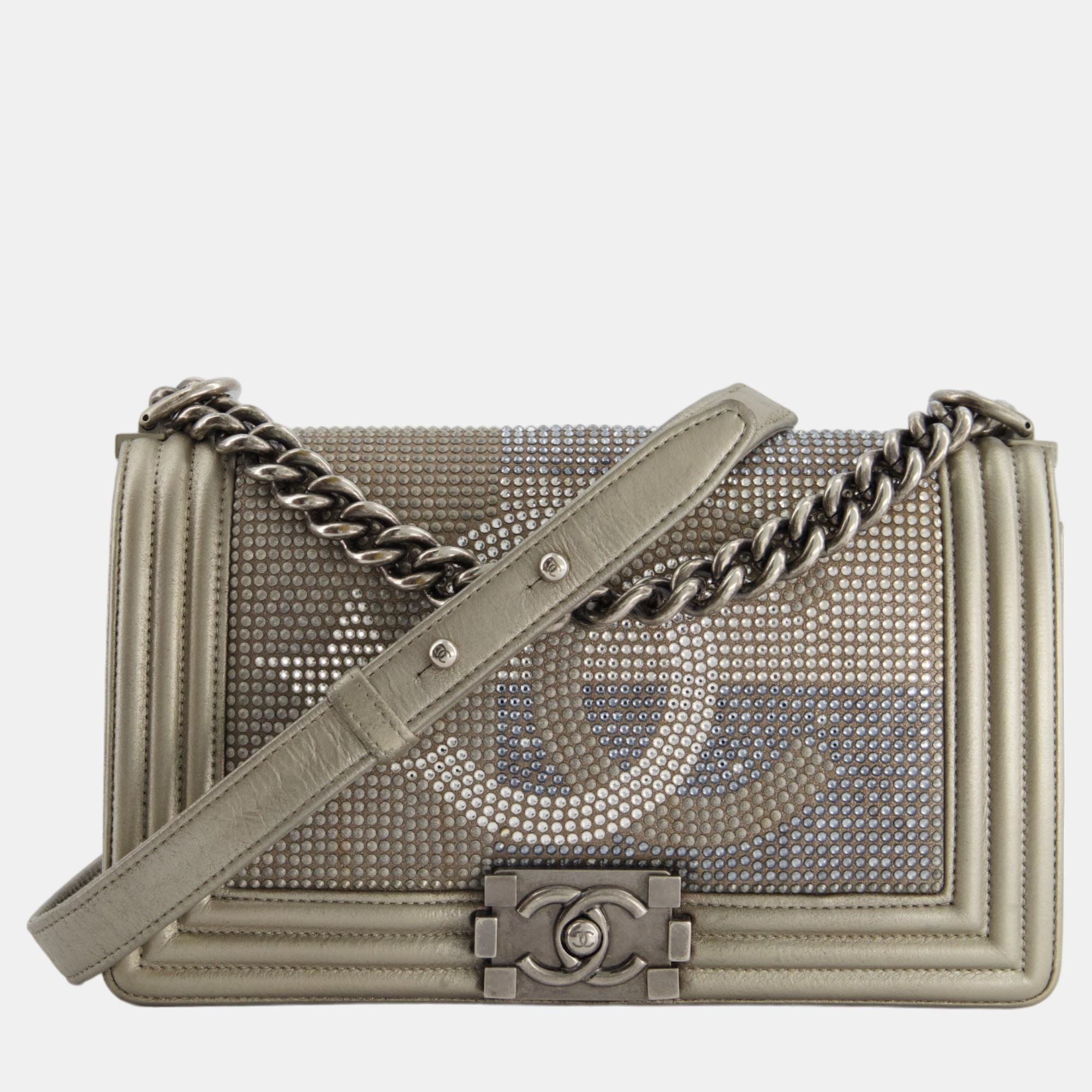 

Chanel Medium Boy Bag in Gold Metallic Sequin CC Star Print with Silver Hardware