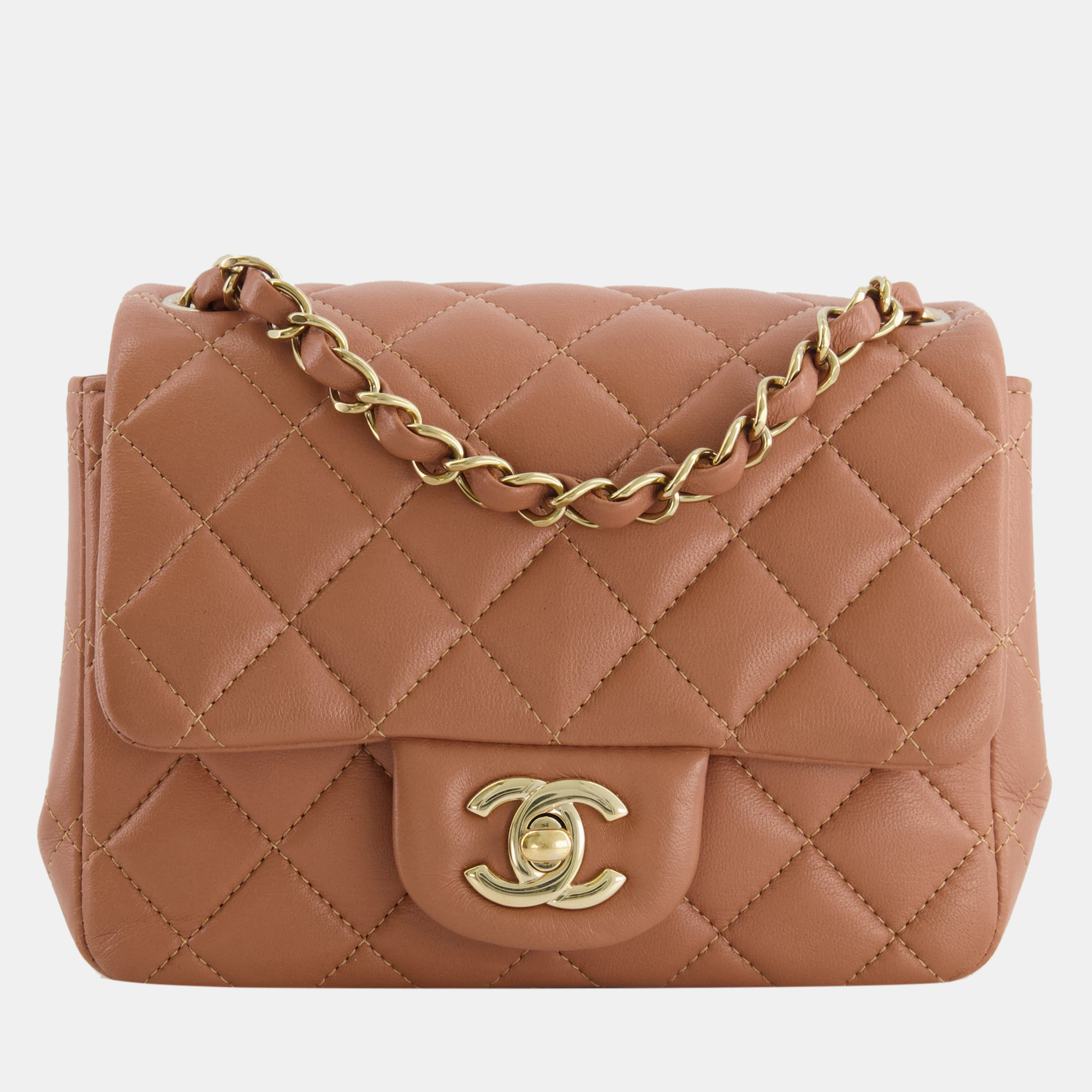Chanel Caramel Mini Square Bag In Lambskin Leather With Champagne Gold Hardware