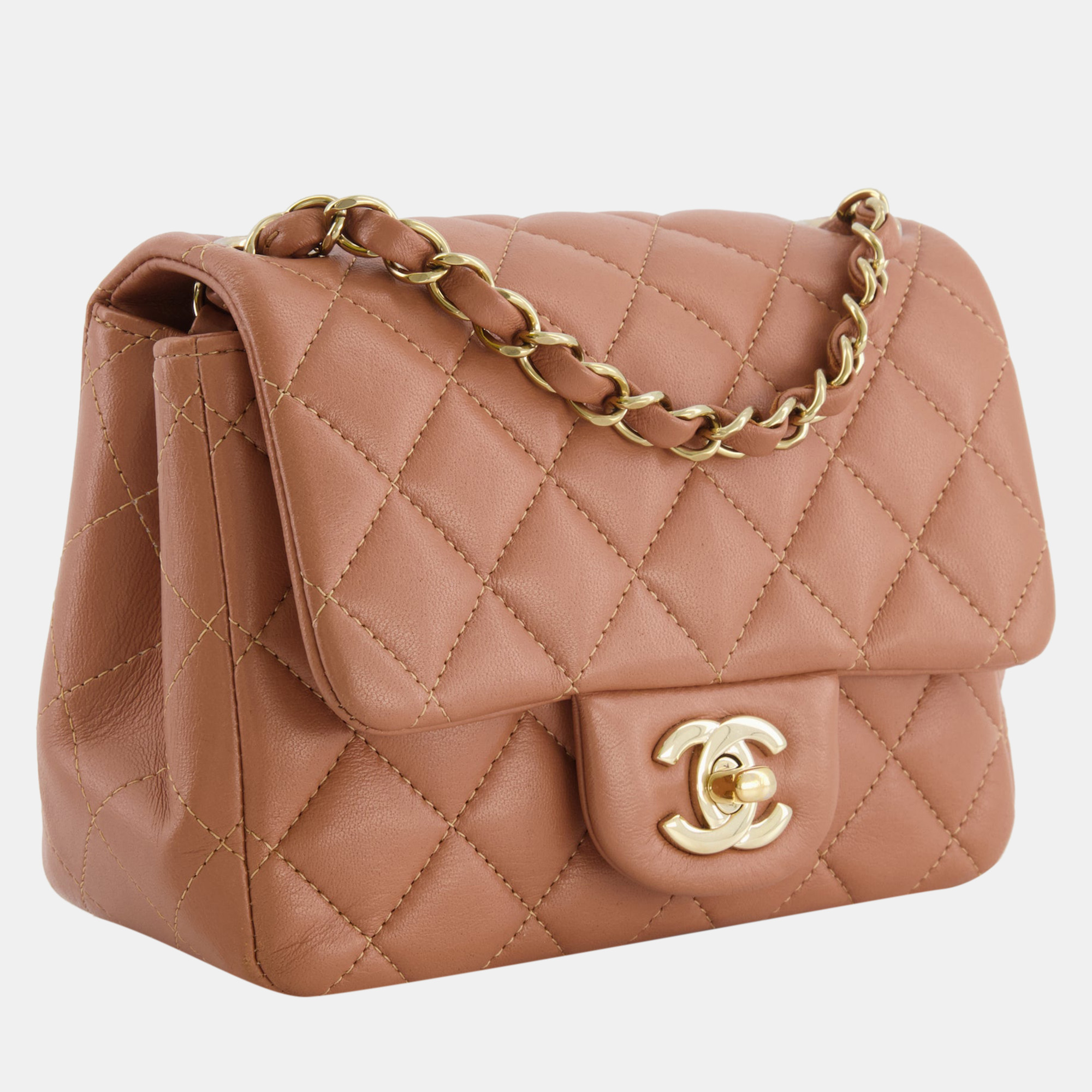 Chanel Caramel Mini Square Bag In Lambskin Leather With Champagne Gold Hardware