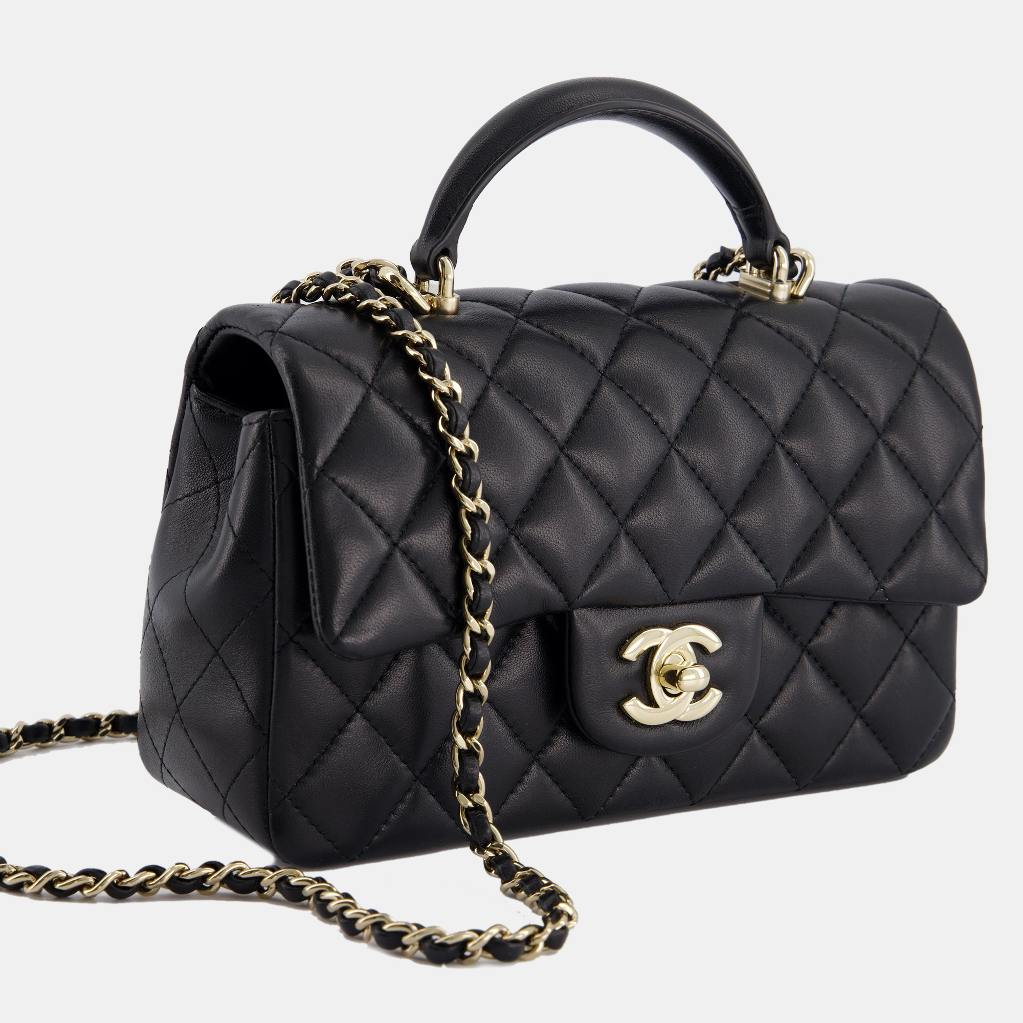Chanel Black Mini Rectangular Top Handle Flap Bag In Lambskin With Champagne Gold Hardware