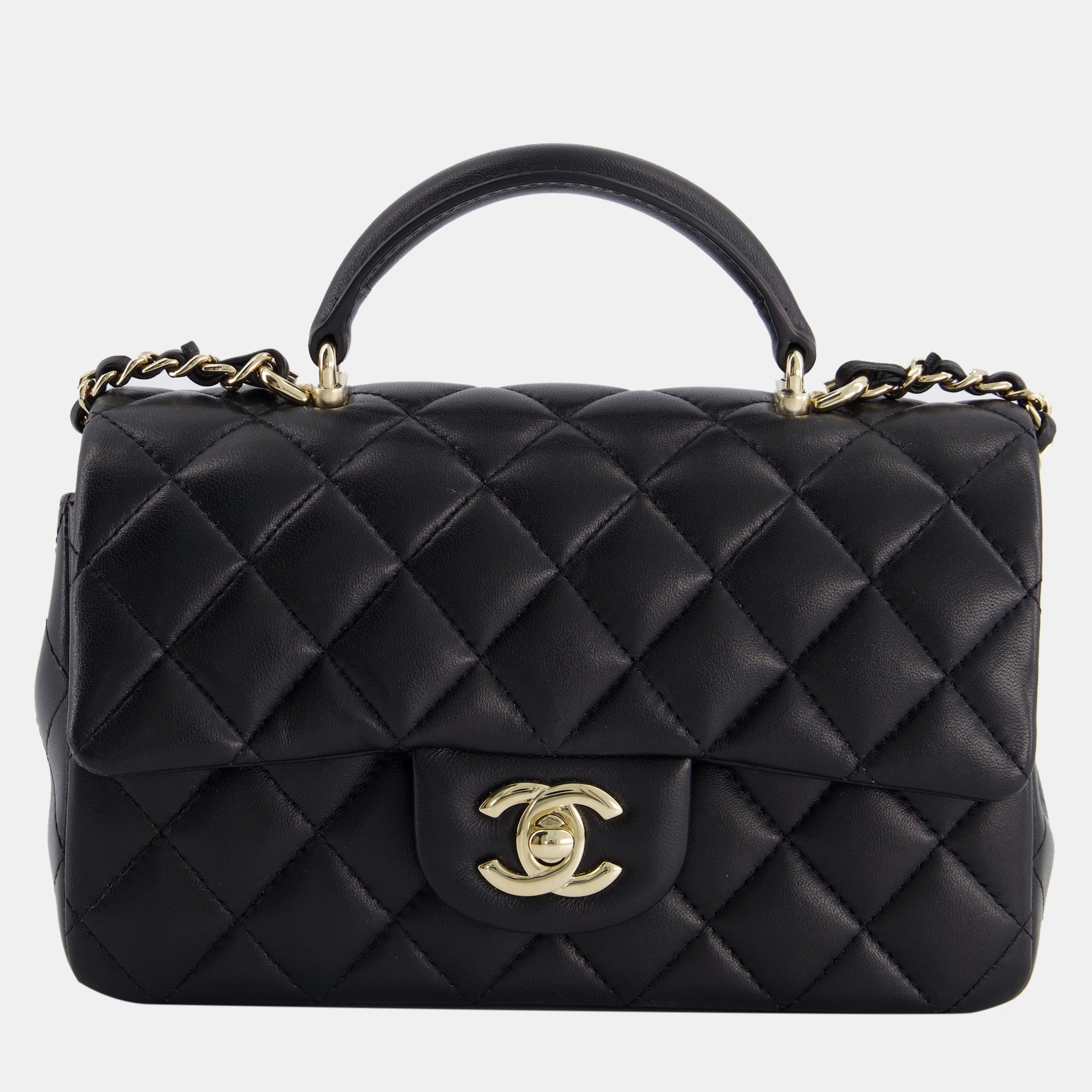 Chanel Black Mini Rectangular Top Handle Flap Bag In Lambskin With Champagne Gold Hardware